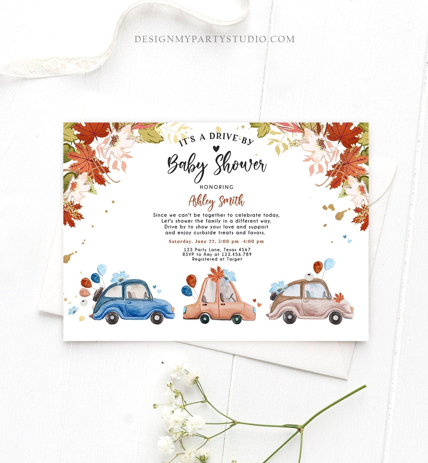 Editable Fall Drive By Baby Shower Invitation Navy Blue Floral Boy Coed Shower Quarantine Drive Through Autumn Template Download Corjl 0335