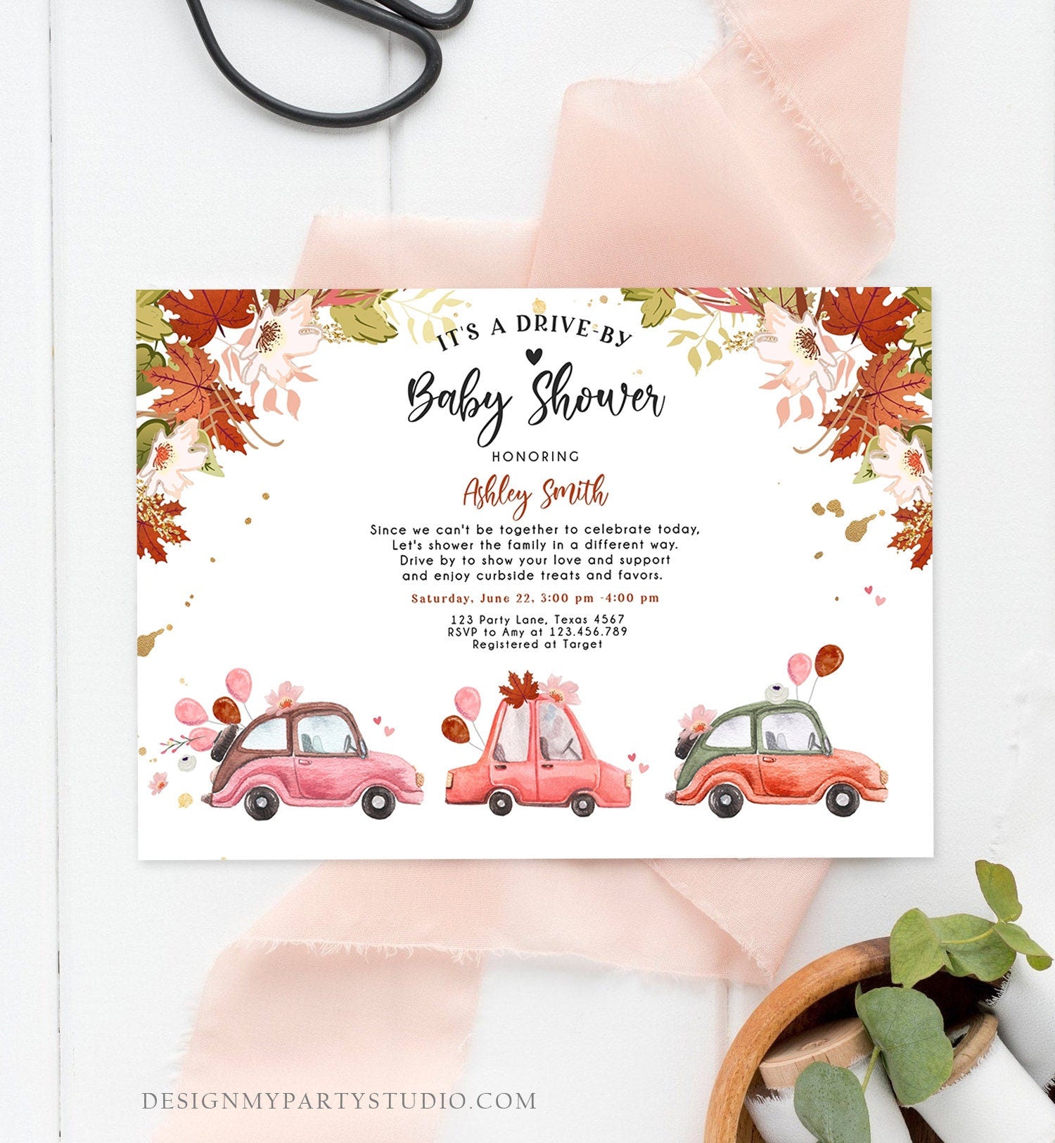 Editable Fall Drive By Baby Shower Invitation Pink Gold Floral Girl Coed Shower Quarantine Drive Through Autumn Template Download Corjl 0335