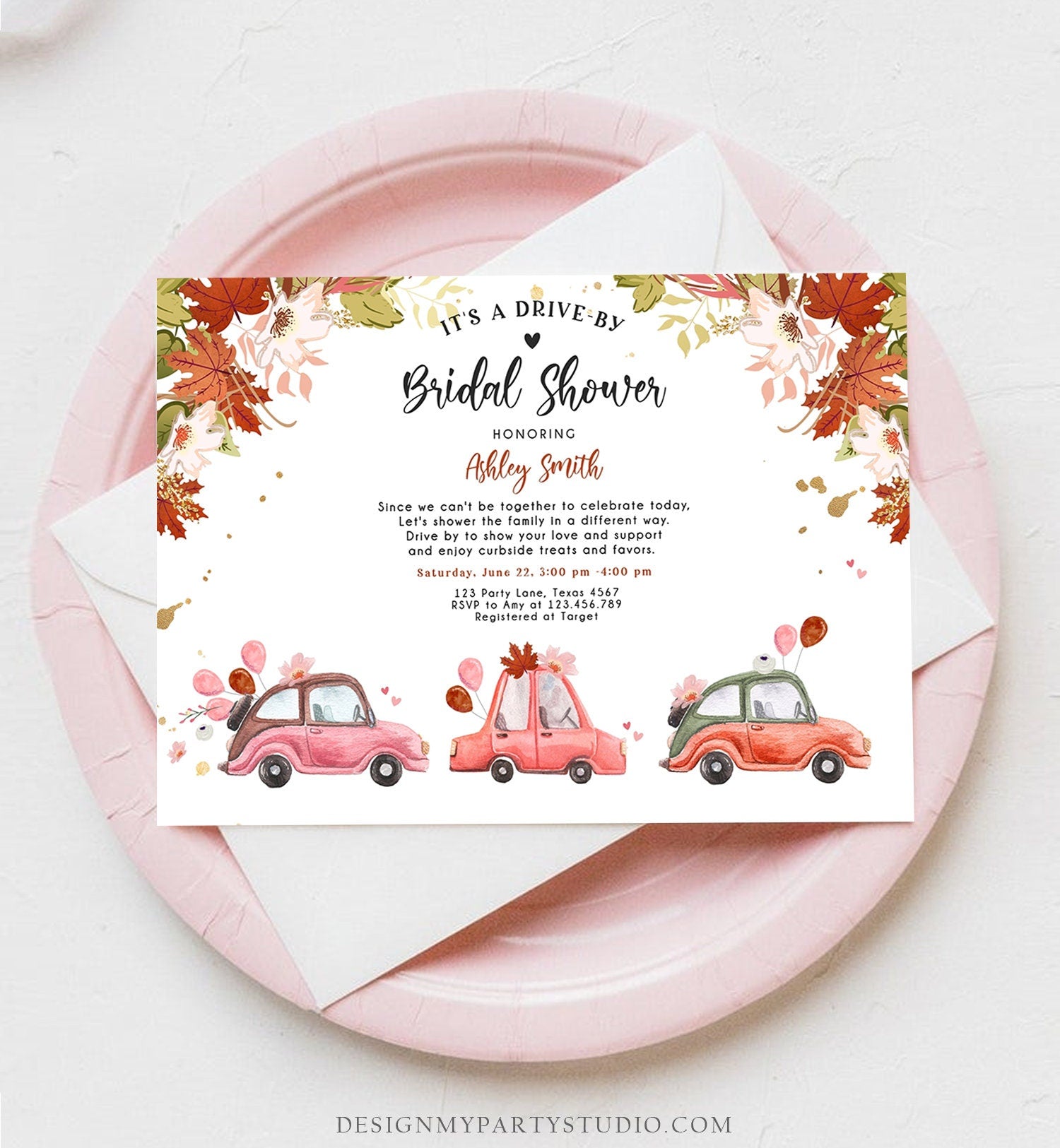 Editable Fall Drive By Bridal Shower Invitation Couples Shower Invite Quarantine Drive Through Fall in Love Template Download Corjl 0335