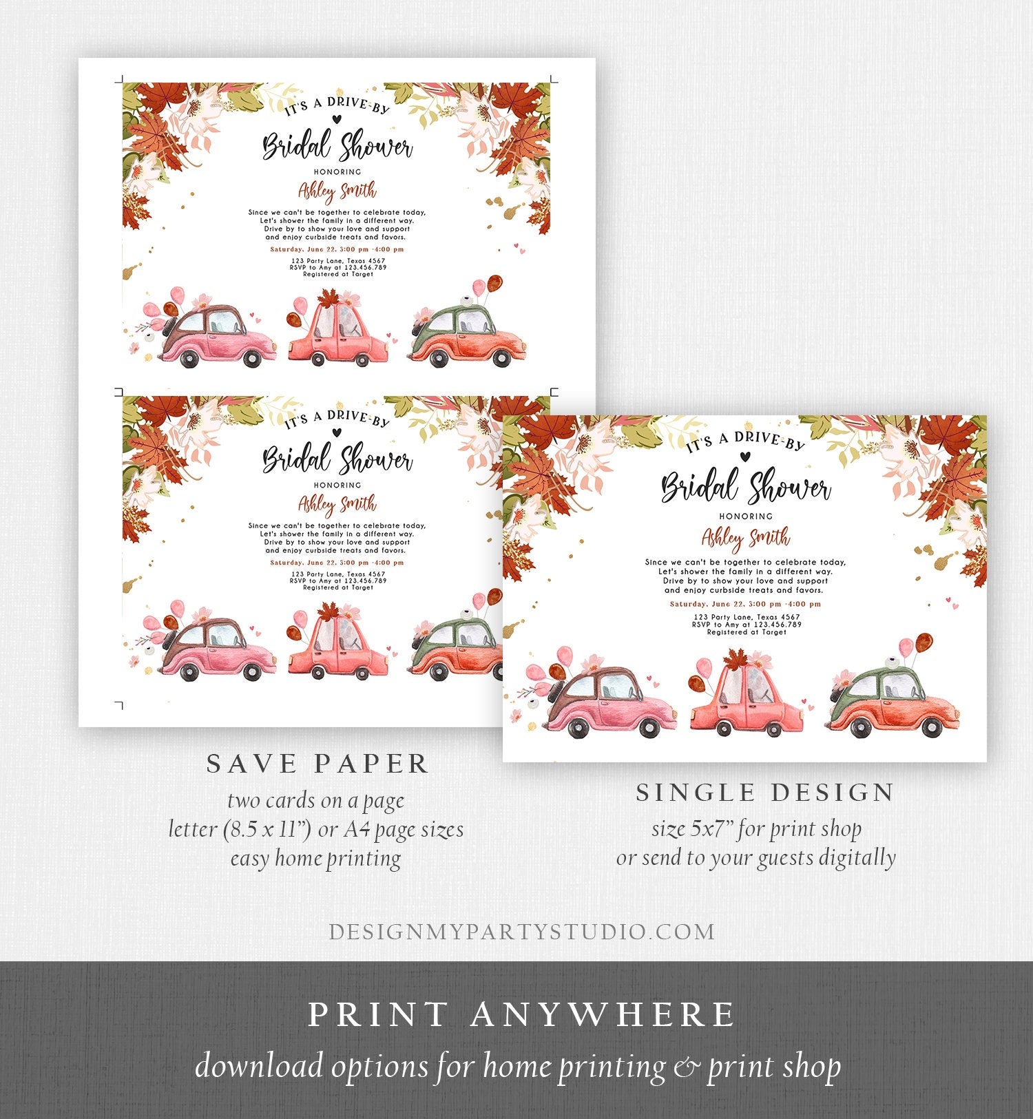 Editable Fall Drive By Bridal Shower Invitation Couples Shower Invite Quarantine Drive Through Fall in Love Template Download Corjl 0335