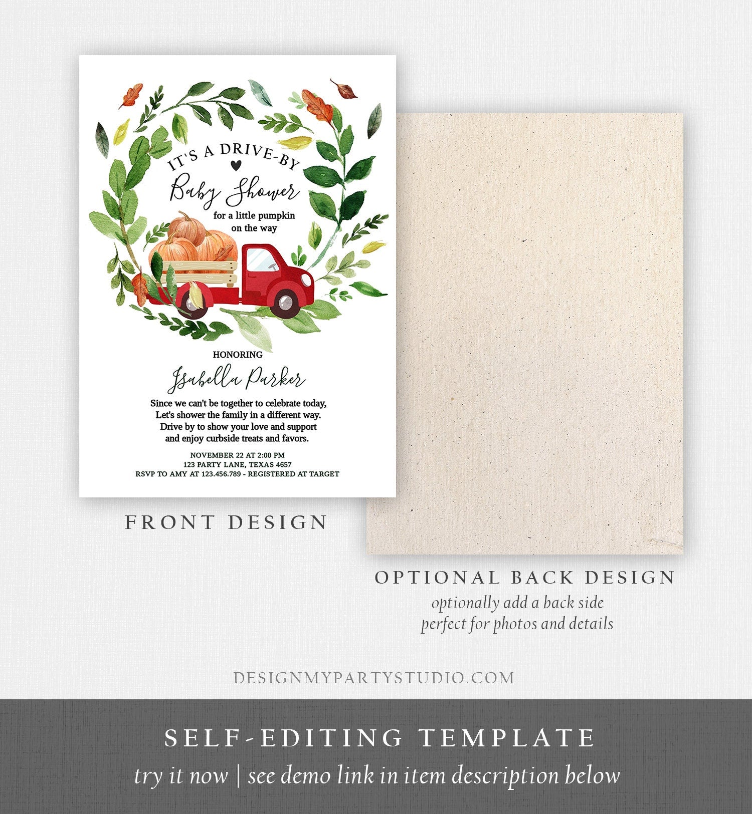 Editable Fall Drive By Baby Shower Invitation Red Pumpkin Truck Neutral Coed Shower Quarantine Drive Through Fall Autumn Template Corjl 0154