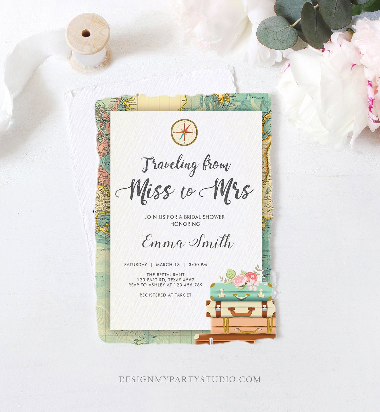 Editable Bridal Shower Invitation Traveling from Miss to Mrs Travel World Map Suitcase Vintage Floral Download Printable Template Corjl 0044