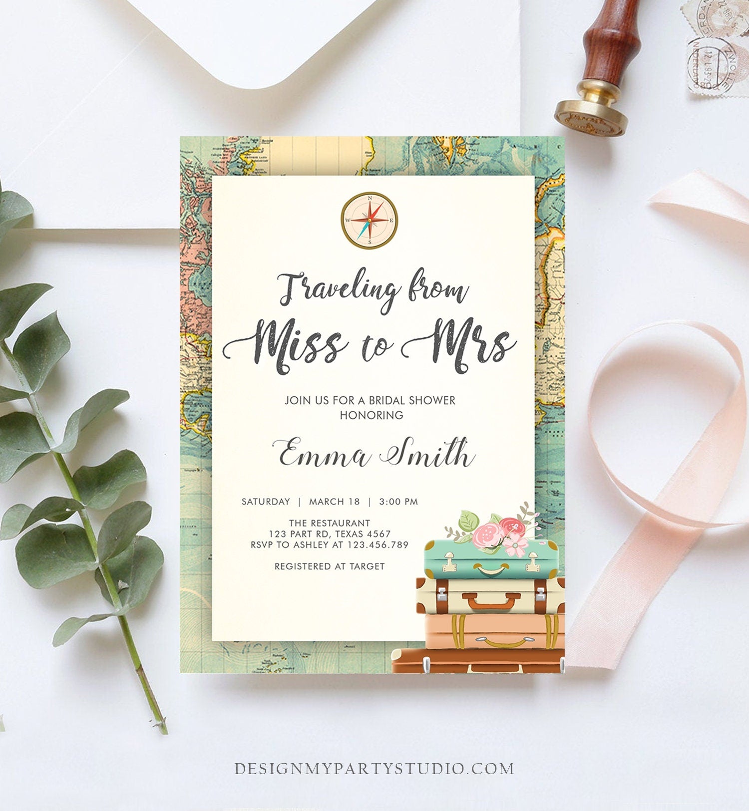 Editable Bridal Shower Invitation Traveling from Miss to Mrs Travel World Map Suitcase Vintage Floral Download Printable Template Corjl 0044