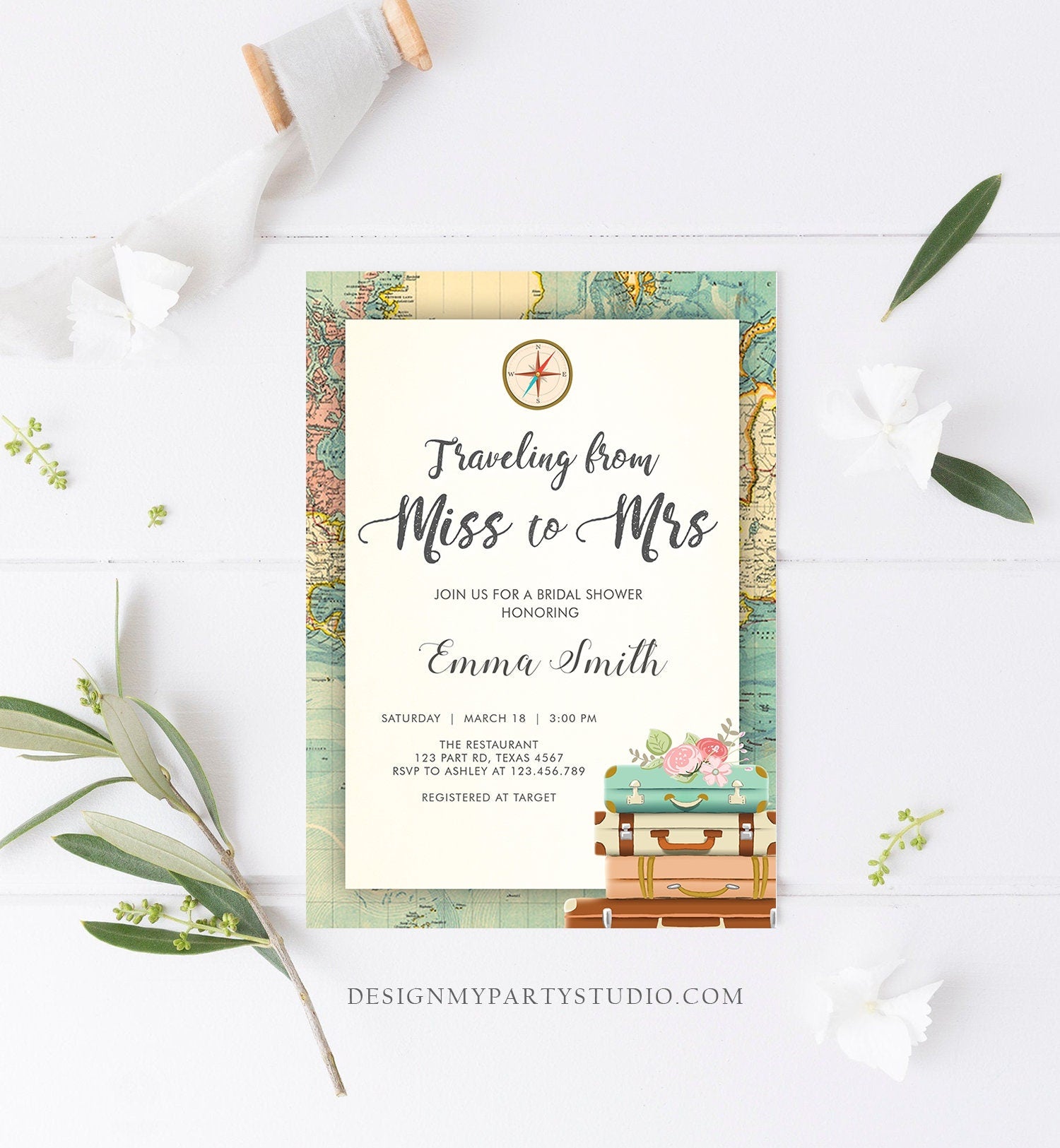 Editable Bridal Shower Invitation Traveling from Miss to Mrs Travel World Map Suitcase Vintage Floral Download Printable Template Corjl 0044