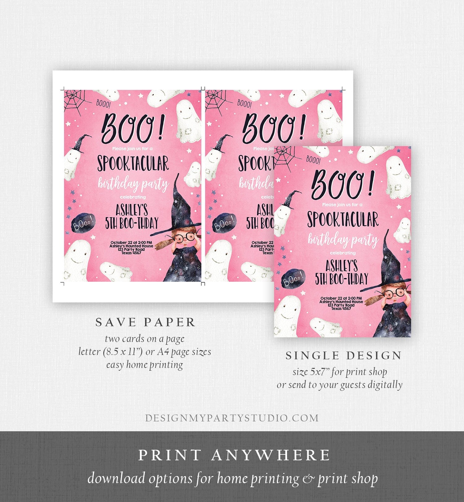 Editable Halloween Birthday Invitation Ghost Costume Party Girl Pink Kids Spooktacular Witch Party Download Printable Template Corjl 0260