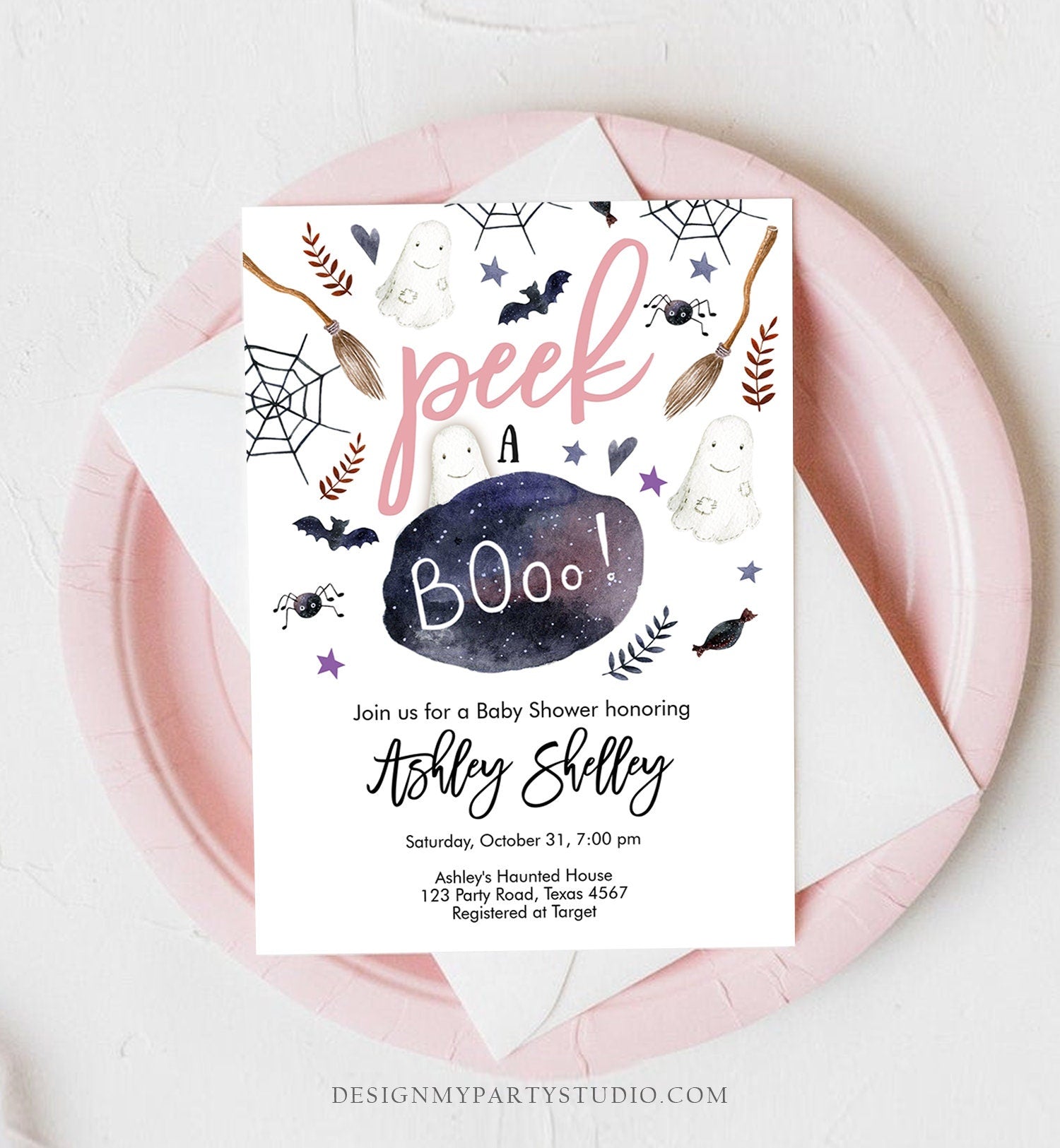 Editable Peek A Boo Baby Shower Invitation Cute Halloween Baby Shower Couples Shower Invite Blush Pink Girl Printable Template Corjl 0199