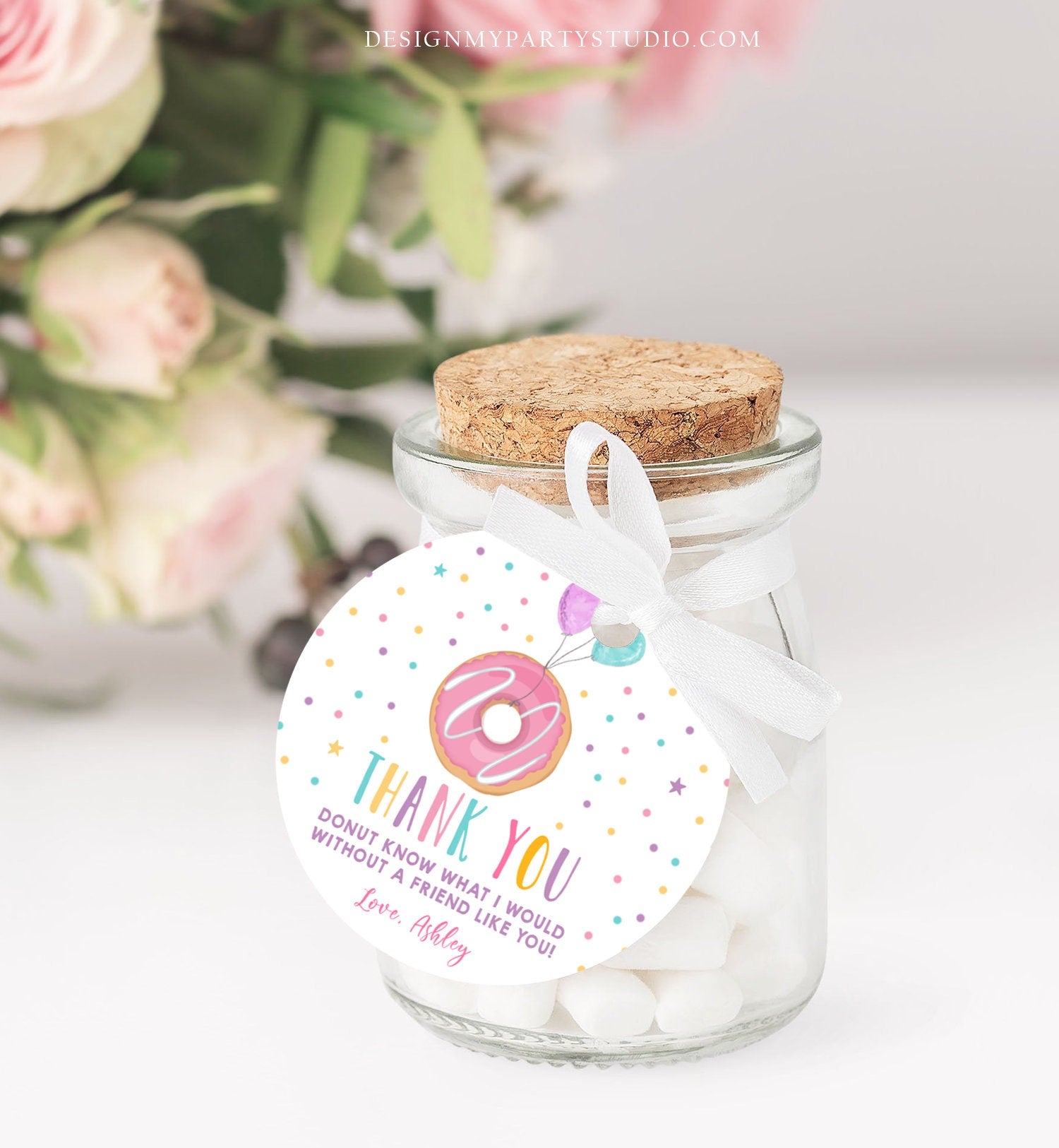 Editable Donut Drive By Favor Tag Drive By Birthday Parade Thank You Gift Tags Donut Sweet One Party Girl Round Sticker Corjl Template 0343