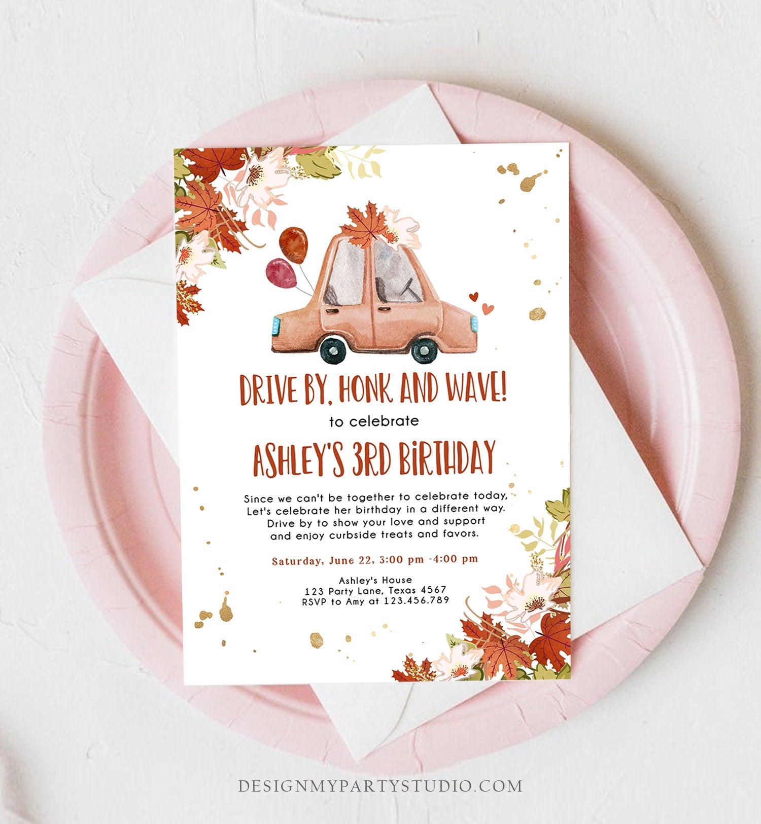 Editable Drive By Birthday Parade Invitation Fall Virtual Party Invite Honk Wave Car Girl Autumn Quarantine Drive Through Digital Corjl 0335