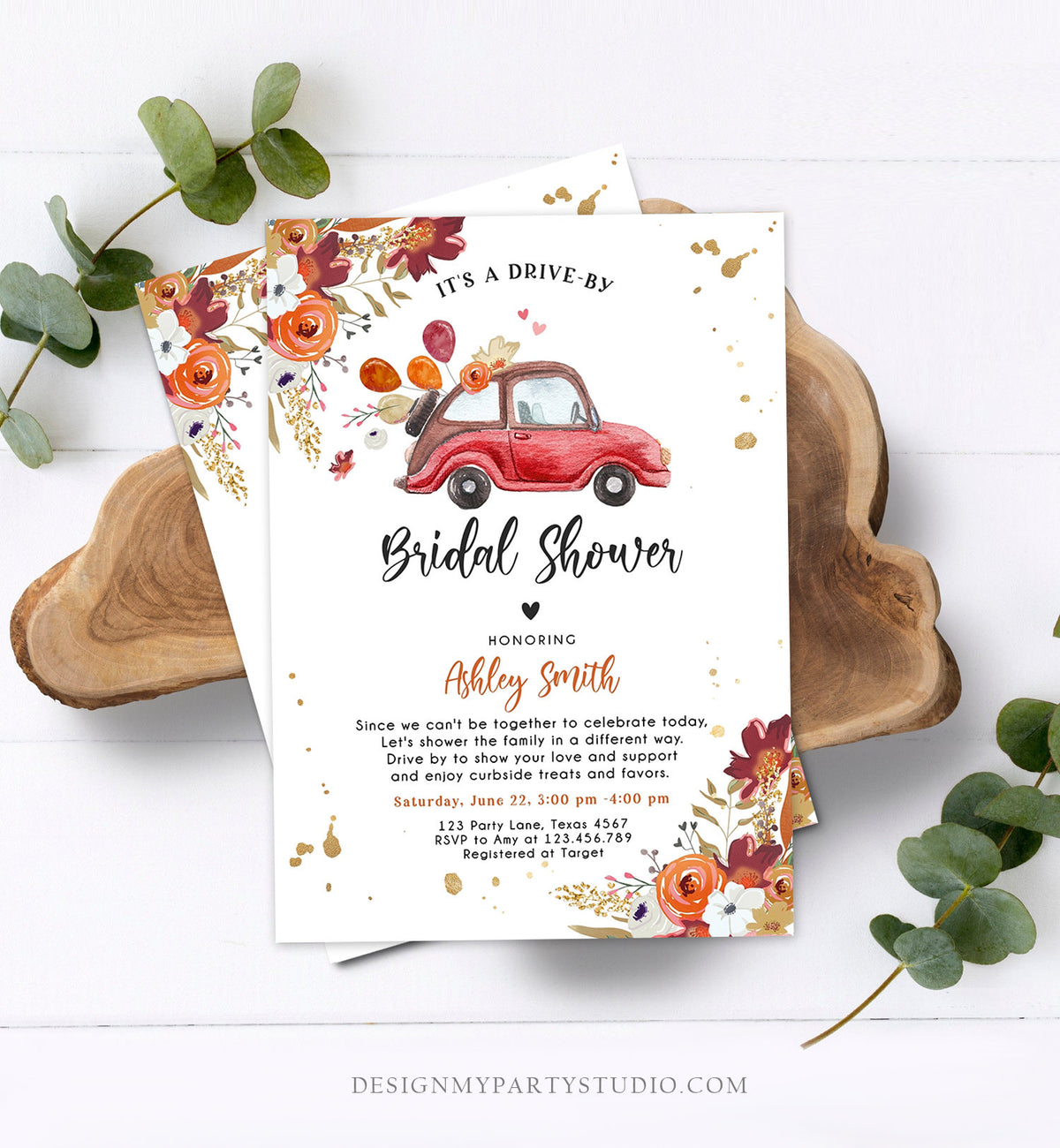 Editable Fall Drive By Bridal Shower Invitation Couples Shower Invite Quarantine Burgundy Rust Fall in Love Template Download Corjl 0335