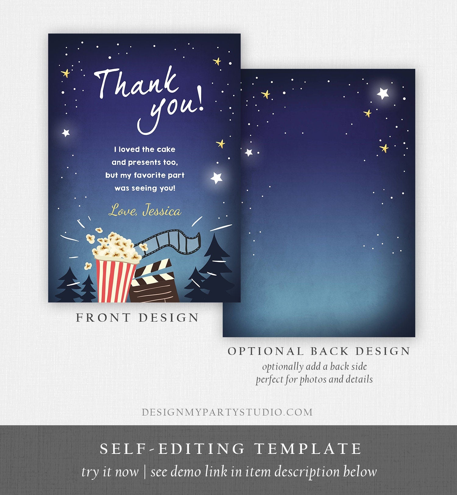 Editable Movie Night Thank You Card Birthday Outdoor Backyard Thank You Note Under the Stars Popcorn Party Corjl Template Printable 0177