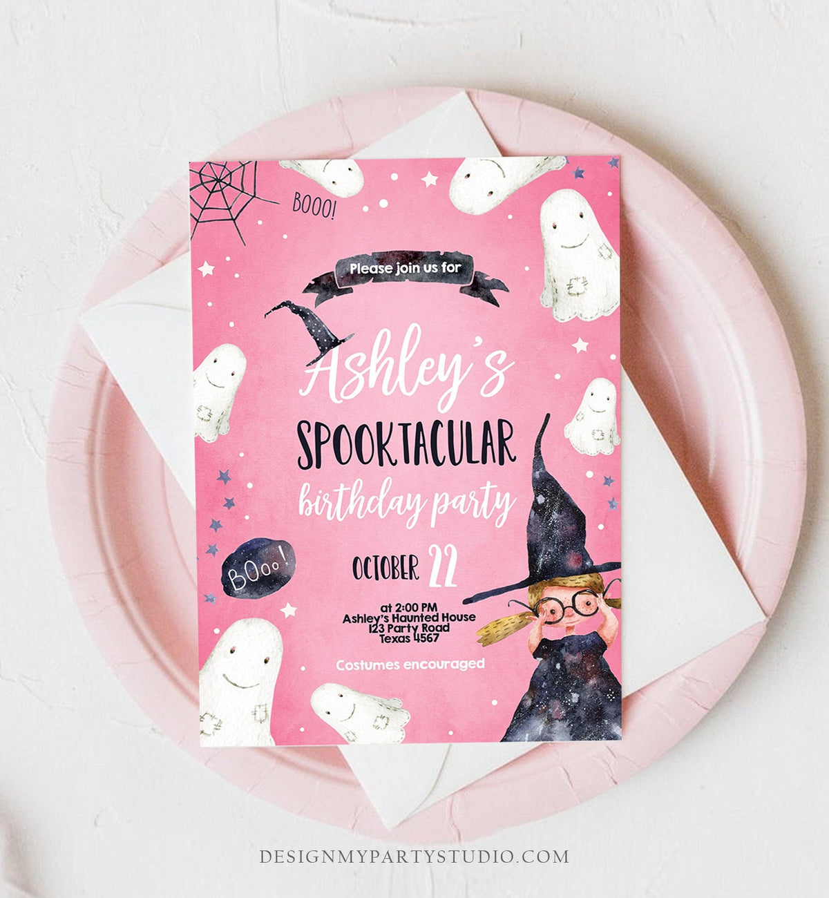 Editable Halloween Birthday Invitation Costume Party Blond Girl Pink Spooktacular Witch Hat Party Download Printable Template Corjl 0260