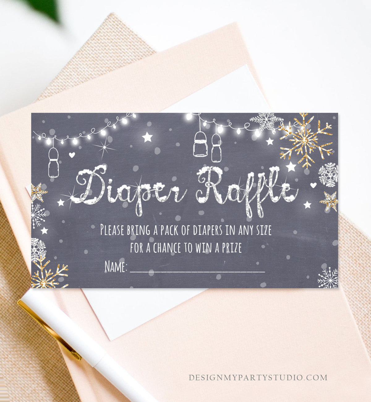 Editable Diaper Raffle Ticket Diaper Game Card Baby It&amp;#39;s Cold Outside Winter Snowflakes Gold Silver Download Template Corjl Printable 0032