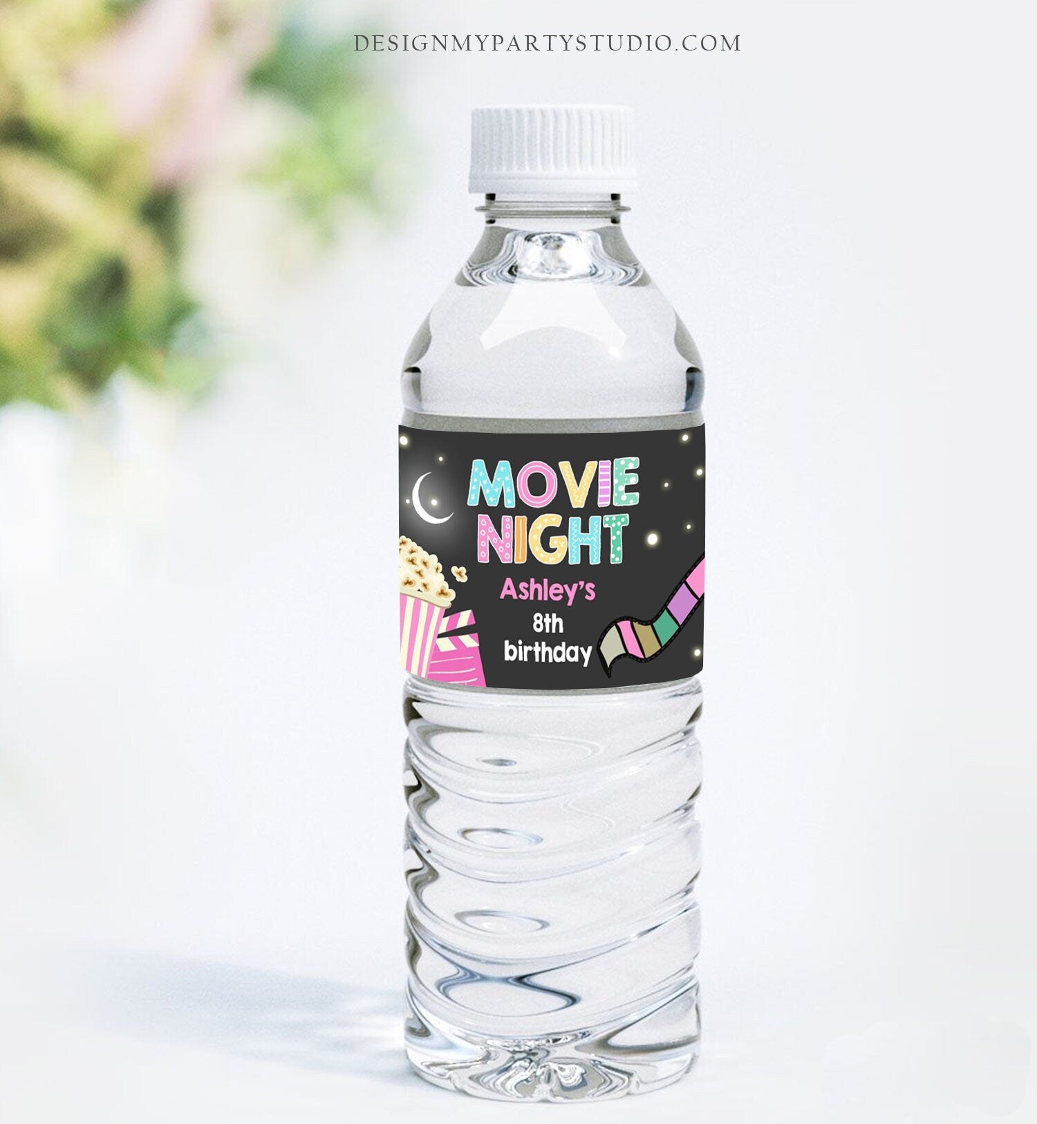 Editable Water Bottle Labels Move Night Girl Birthday Backyard Movie Party Popcorn Pink Slumber Printable Bottle Labels Template Corjl 0042