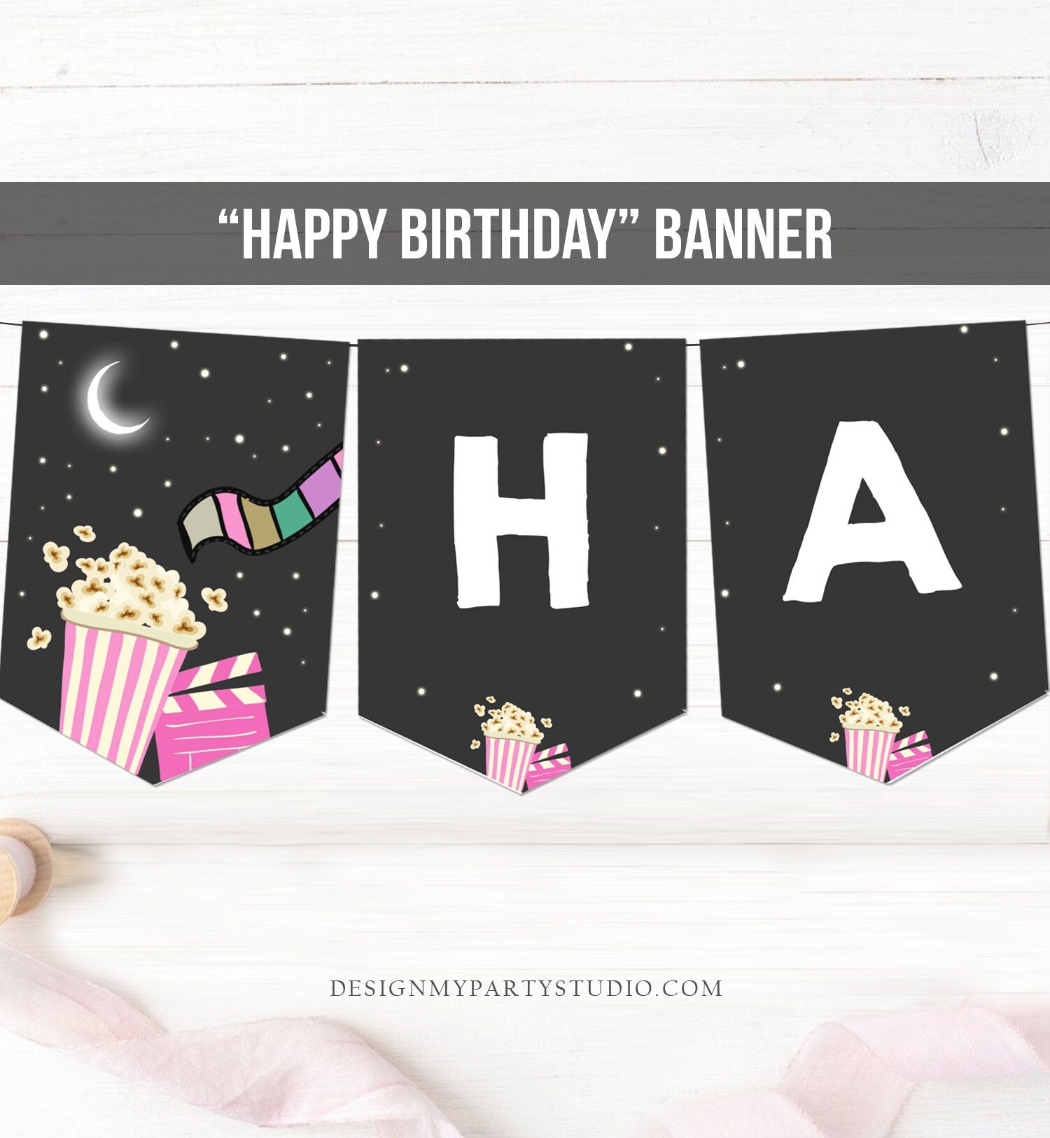 Happy Birthday Banner Movie Night Birthday Girl Pink Movie Party Movie Banner Decor Movie Printables Instant download PRINTABLE DIGITAL 0042