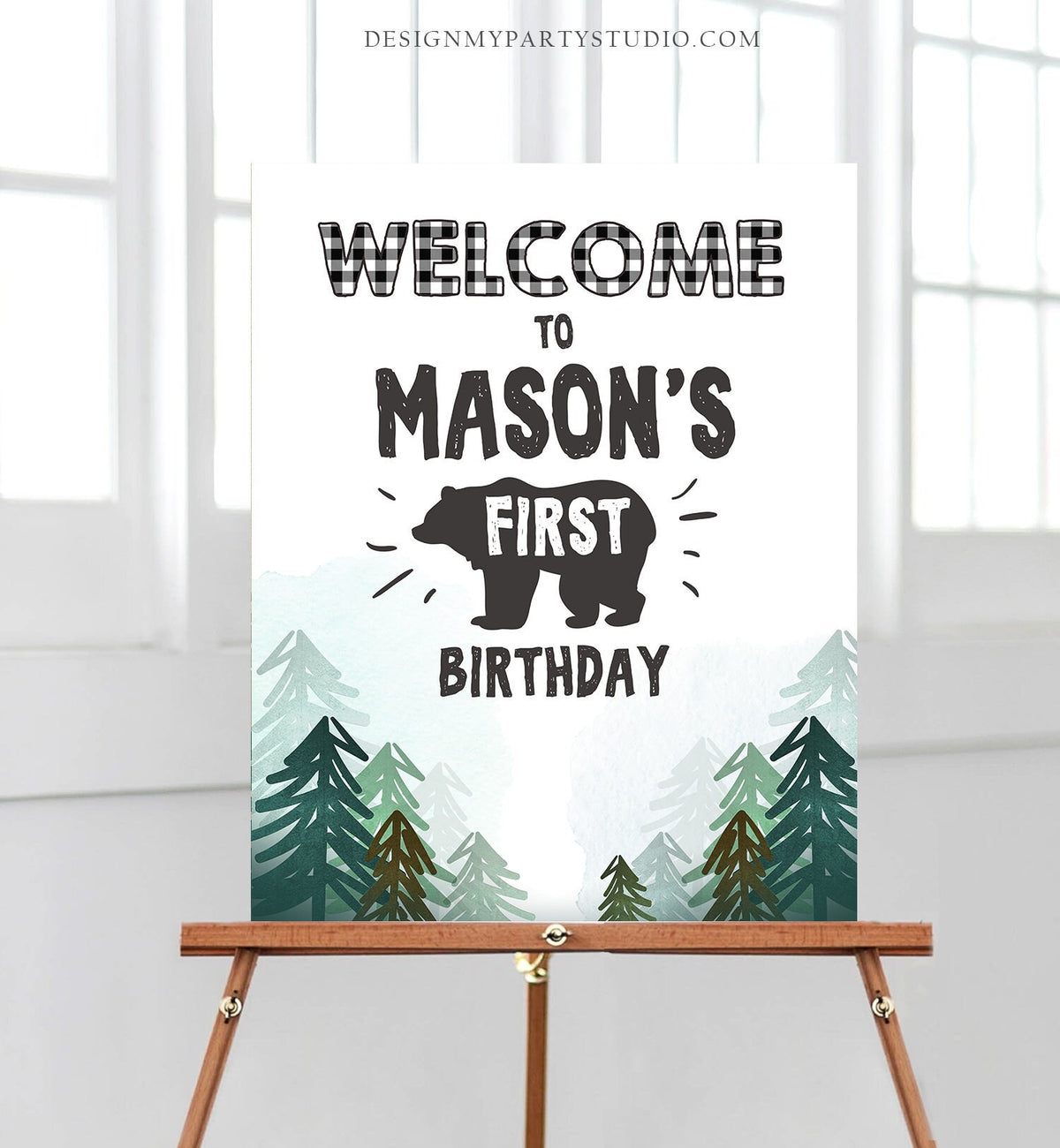 Editable Lumberjack Welcome Sign Lumberjack Birthday Sign Buffalo Plaid 1st Birthday Bear Wild One Trees Template Printable Corjl 0377