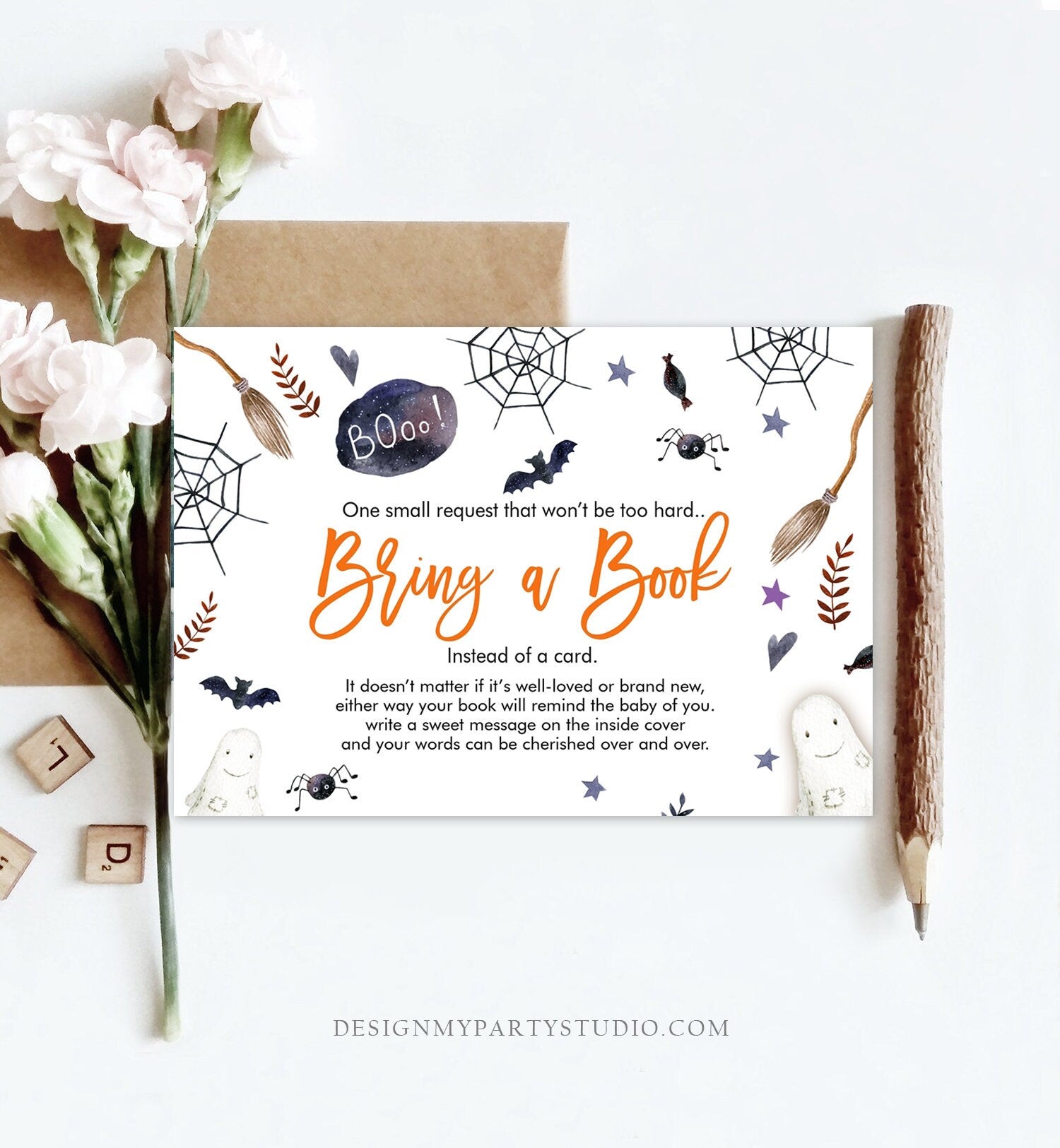 Editable Bring a Book Card Baby Shower Peek a Boo Halloween Book Insert Book Request Insert Card Details Corjl Template Printable 0199