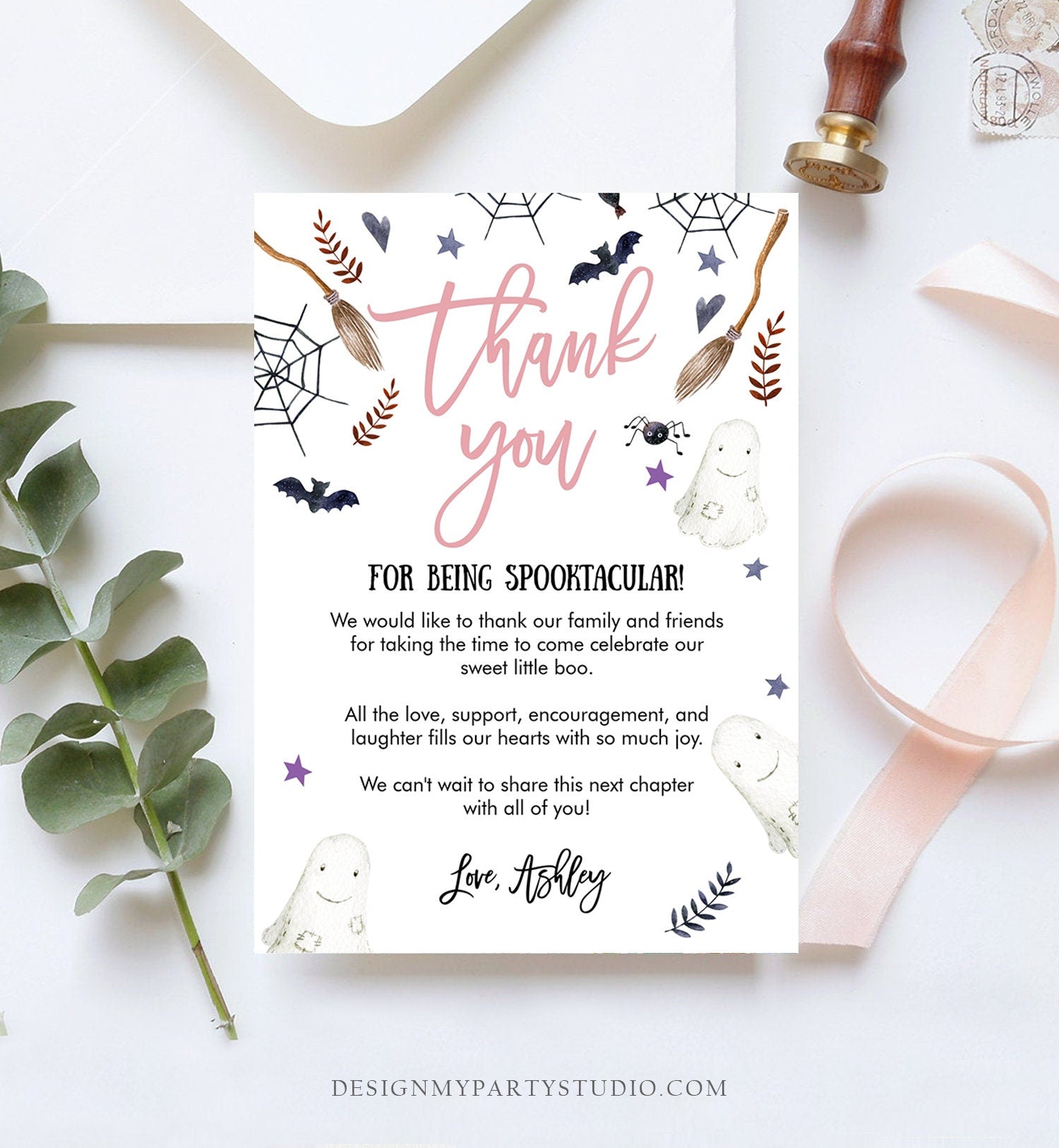 Editable Peek A Boo Baby Shower Thank You Card Halloween Birthday Thank You Blush Pink Girl Spooktacular Printable Template Corjl 0199