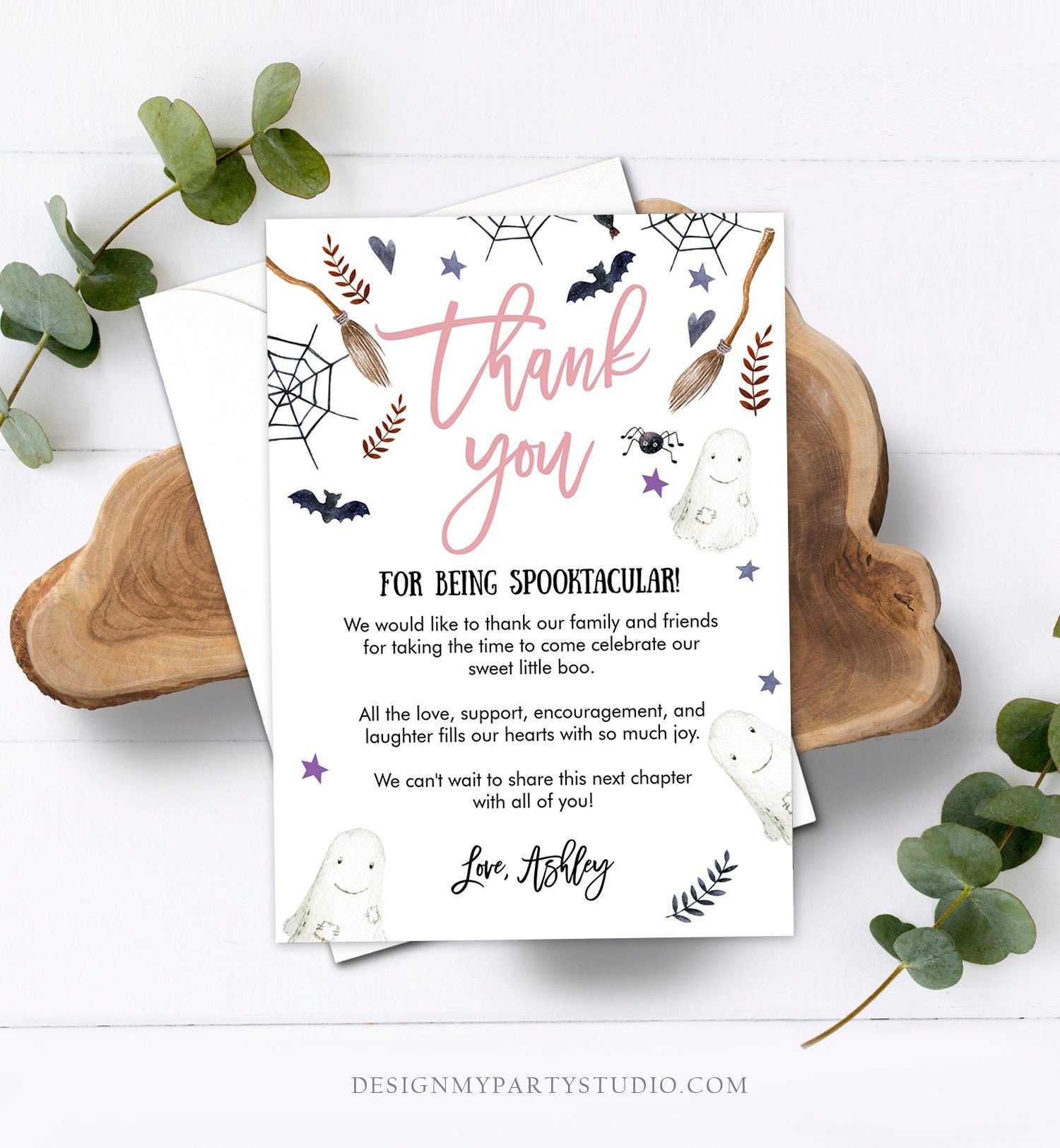 Editable Peek A Boo Baby Shower Thank You Card Halloween Birthday Thank You Blush Pink Girl Spooktacular Printable Template Corjl 0199