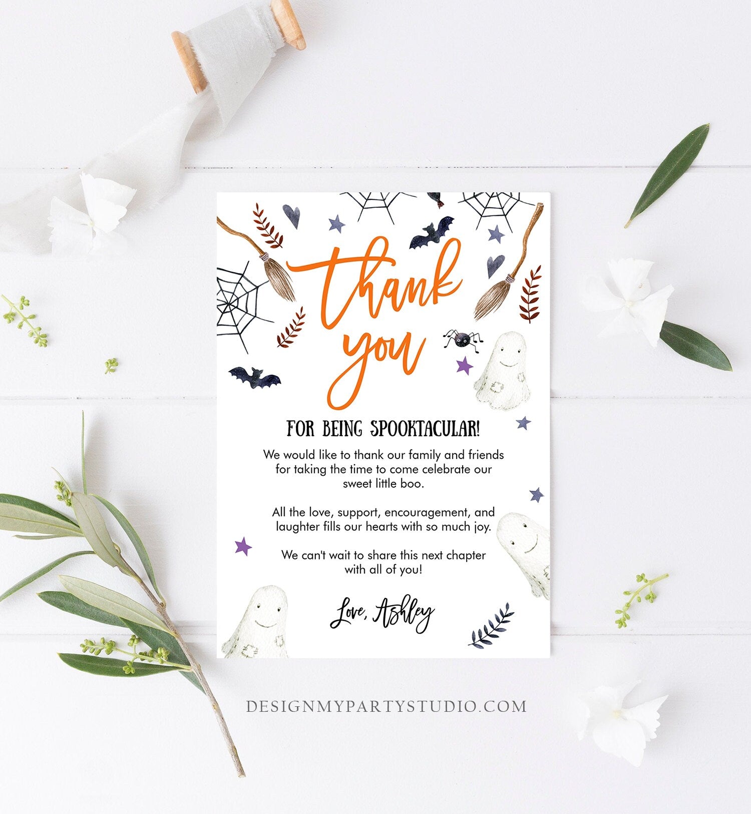 Editable Peek A Boo Baby Shower Thank You Card Halloween Birthday Thank You Blush Spooktacular Thank You Note Printable Template Corjl 0199