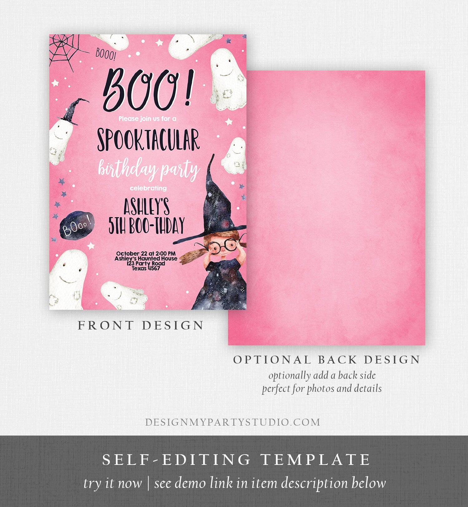 Editable Halloween Birthday Invitation Ghost Costume Party Girl Pink Kids Spooktacular Witch Party Download Printable Template Corjl 0260