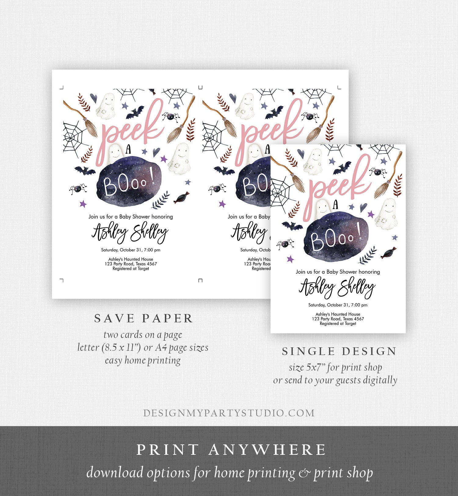 Editable Peek A Boo Baby Shower Invitation Cute Halloween Baby Shower Couples Shower Invite Blush Pink Girl Printable Template Corjl 0199