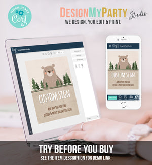 Editable Custom Sign Bear Sign Lumberjack Birthday Woodland Party Decor Little Cub Adventure Woods 8x10 Download PRINTABLE Corjl 0026