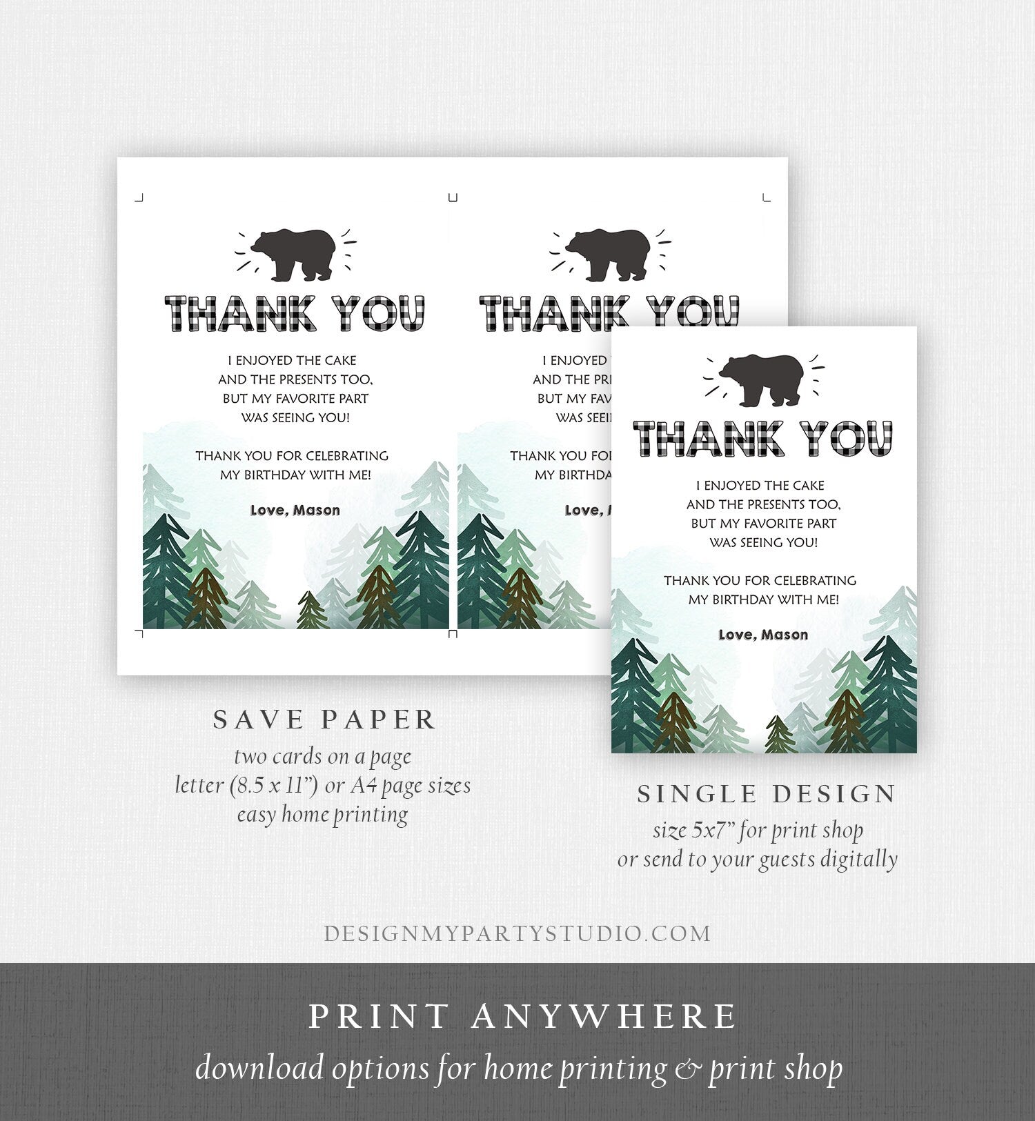 Editable Thank You Card Wild One Birthday Rustic Bear Birthday Trees Forest Black White Lumberjack Download Printable Template Corjl 0377