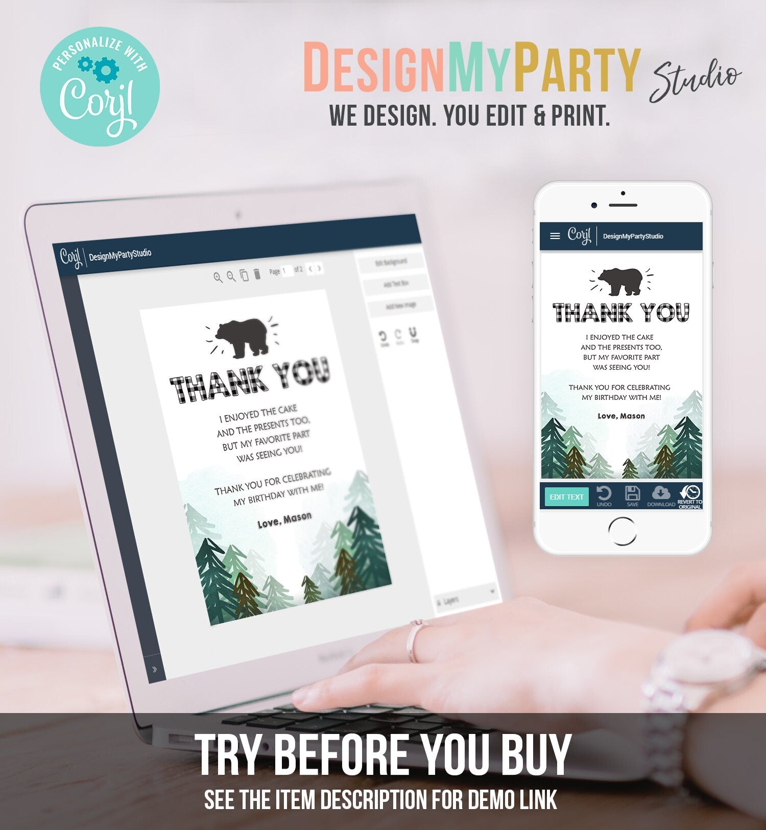 Editable Thank You Card Wild One Birthday Rustic Bear Birthday Trees Forest Black White Lumberjack Download Printable Template Corjl 0377