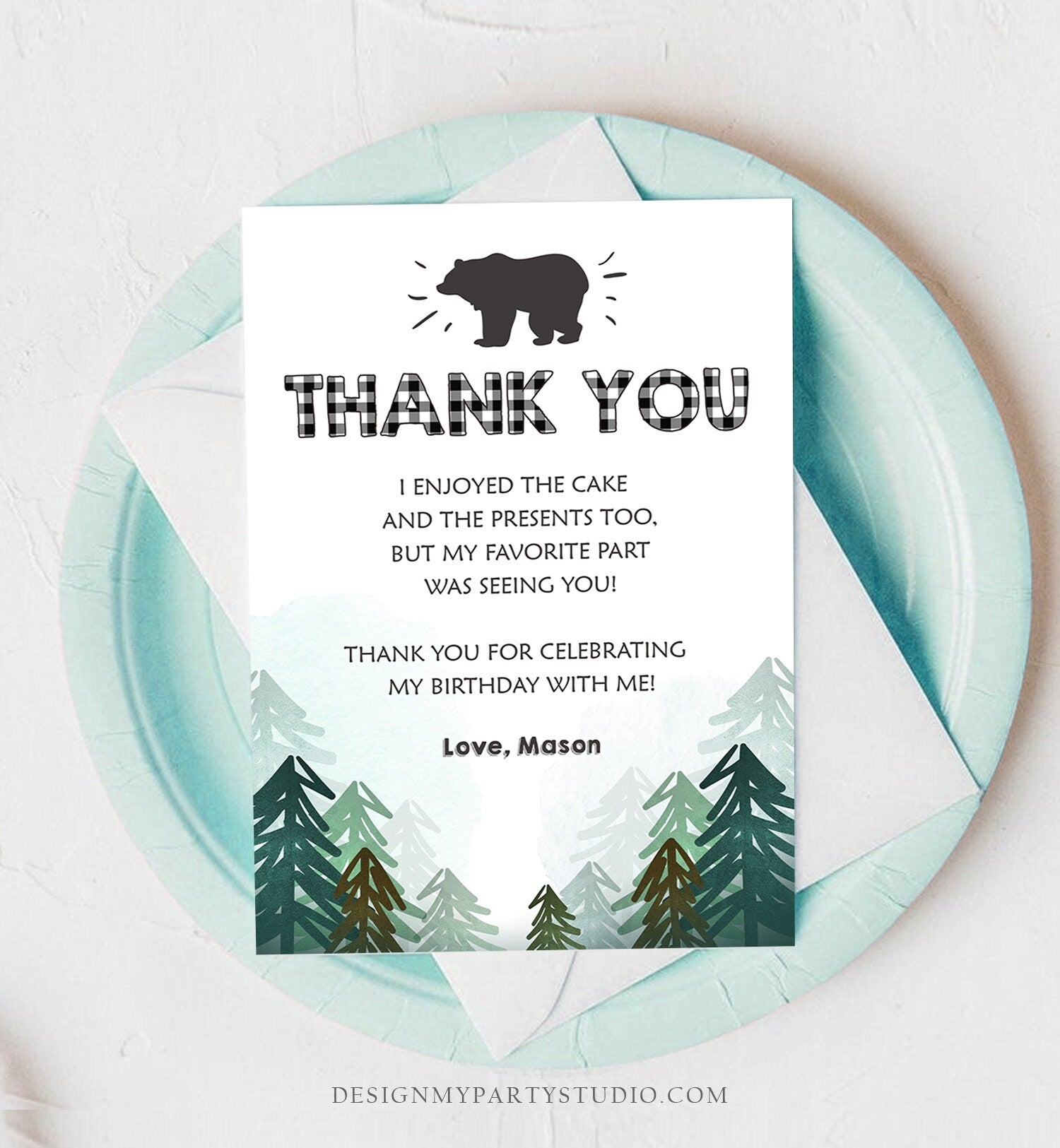 Editable Thank You Card Wild One Birthday Rustic Bear Birthday Trees Forest Black White Lumberjack Download Printable Template Corjl 0377