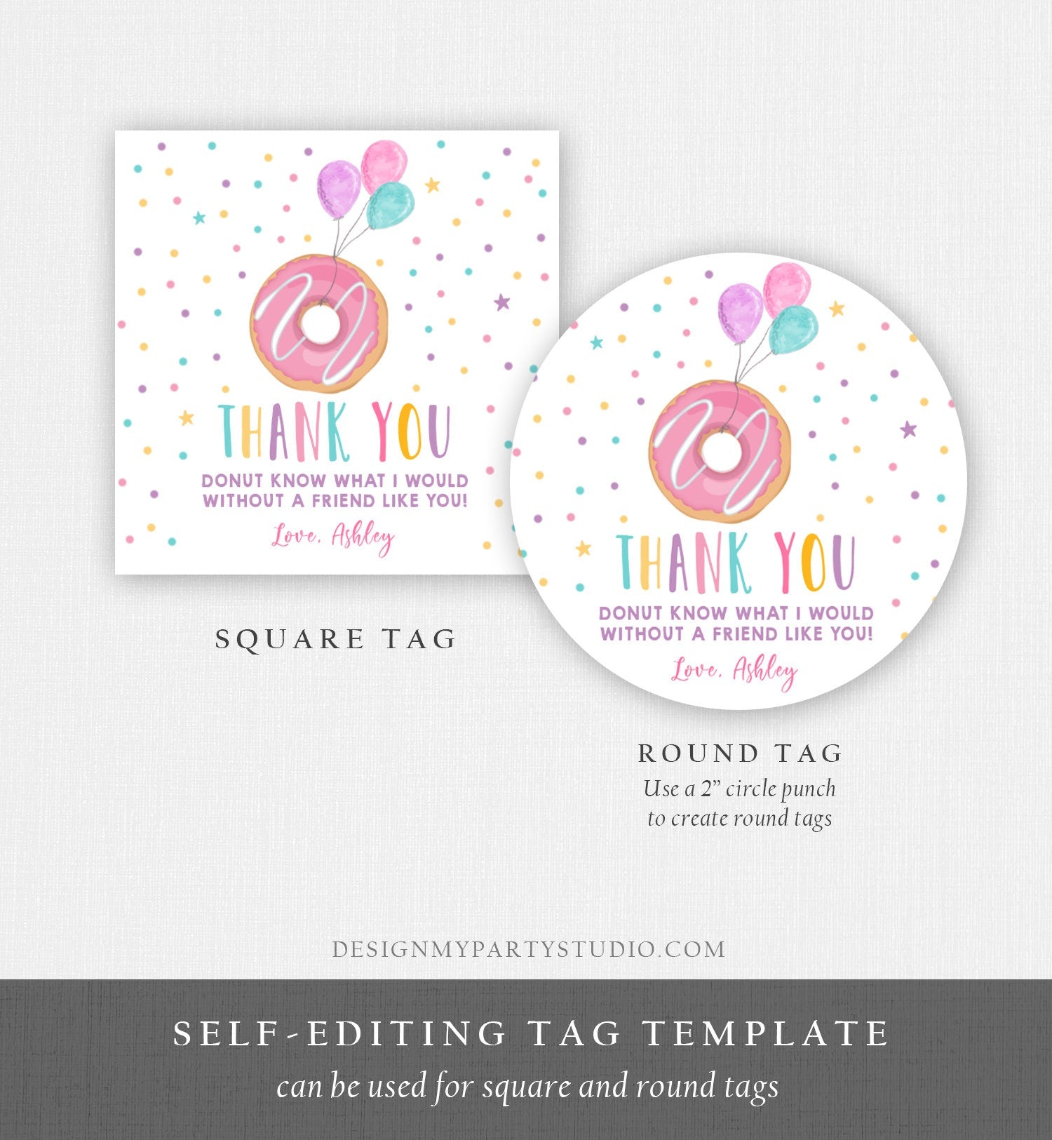 Editable Donut Drive By Favor Tag Drive By Birthday Parade Thank You Gift Tags Donut Sweet One Party Girl Round Sticker Corjl Template 0343