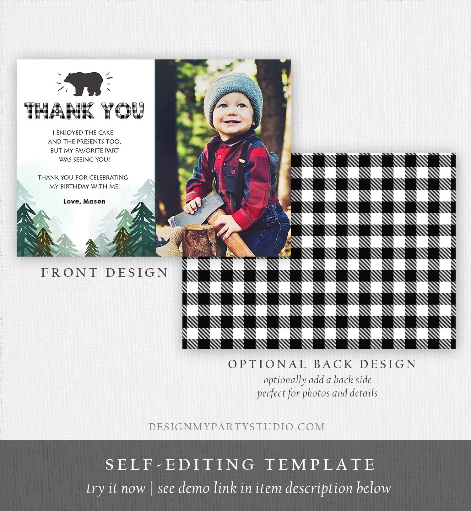 Editable Thank You Card Wild One Birthday Rustic Bear Birthday Trees Forest Black White Lumberjack Download Printable Template Corjl 0377