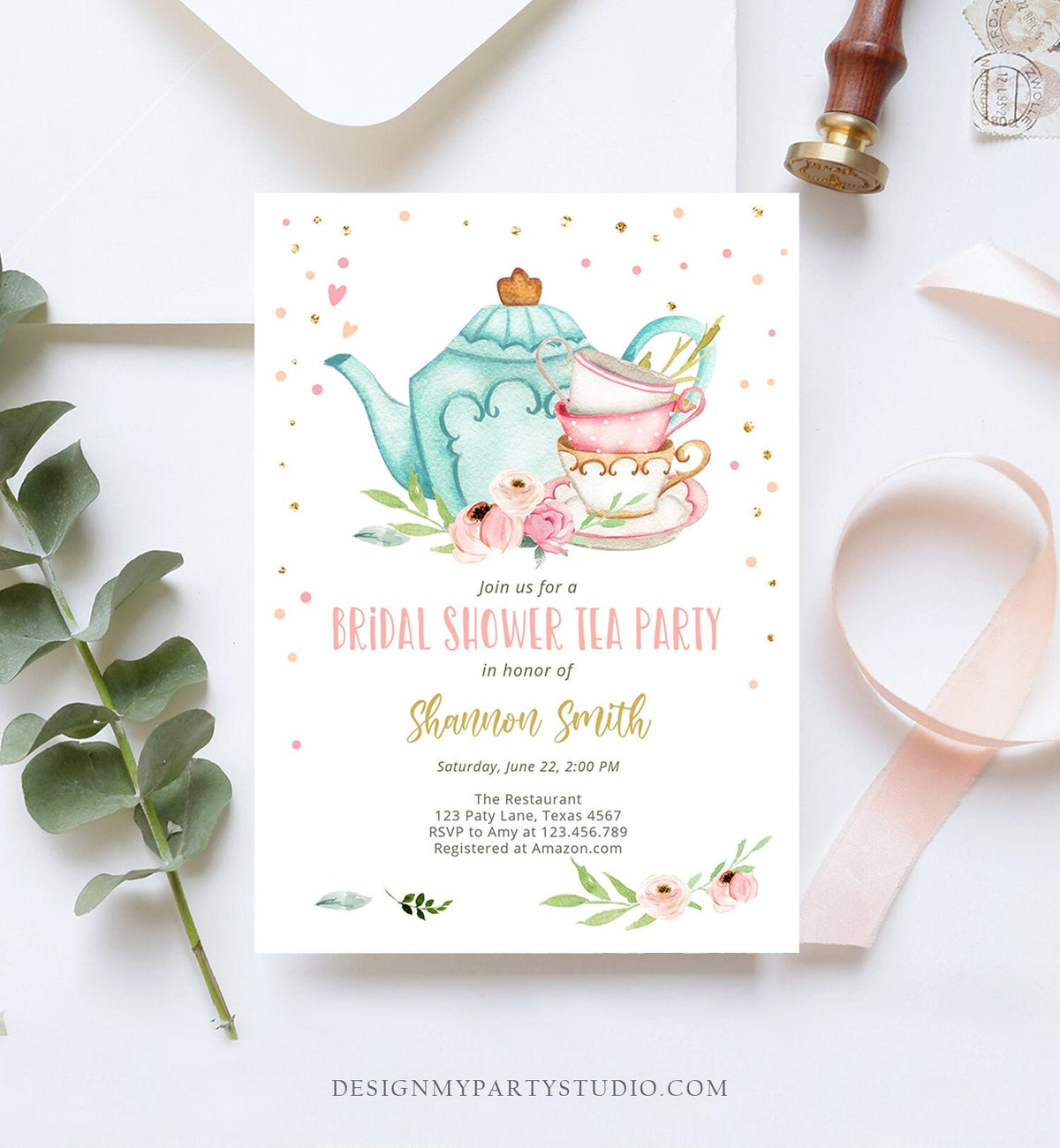 Editable Bridal Shower Tea Party Invitation Bridal Tea Shower Invite Pink Gold Floral Brunch Download Printable Template Corjl Digital 0349