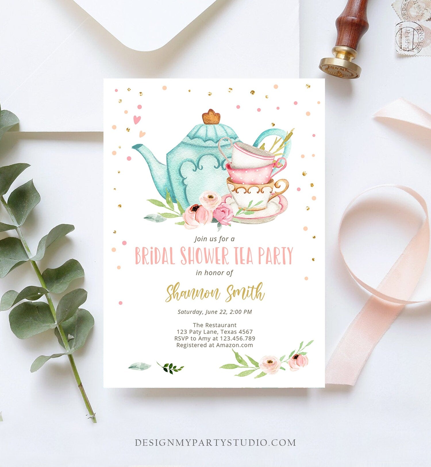 Editable Bridal Shower Tea Party Invitation Bridal Tea Shower Invite Pink Gold Floral Brunch Download Printable Template Corjl Digital 0349