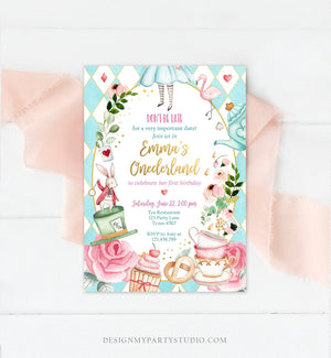 Editable Alice In Wonderland Birthday Invitation Girl First Birthday 1st Onederland Tea Party Pink Printable Template Corjl Digital 0350