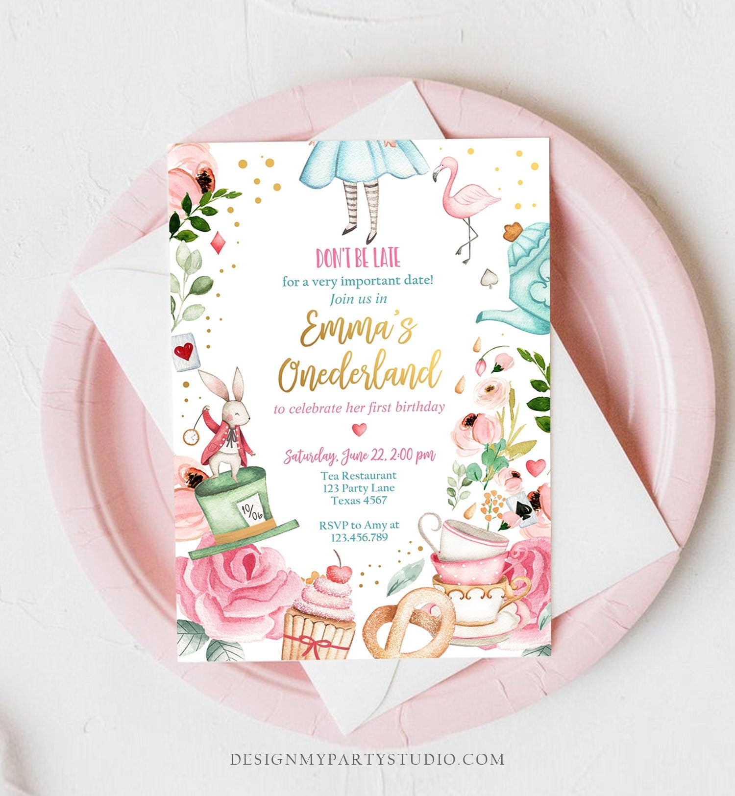 Editable Alice In Wonderland Birthday Invitation Girl First Birthday 1st Onederland Tea Party Pink Printable Template Corjl Digital 0350