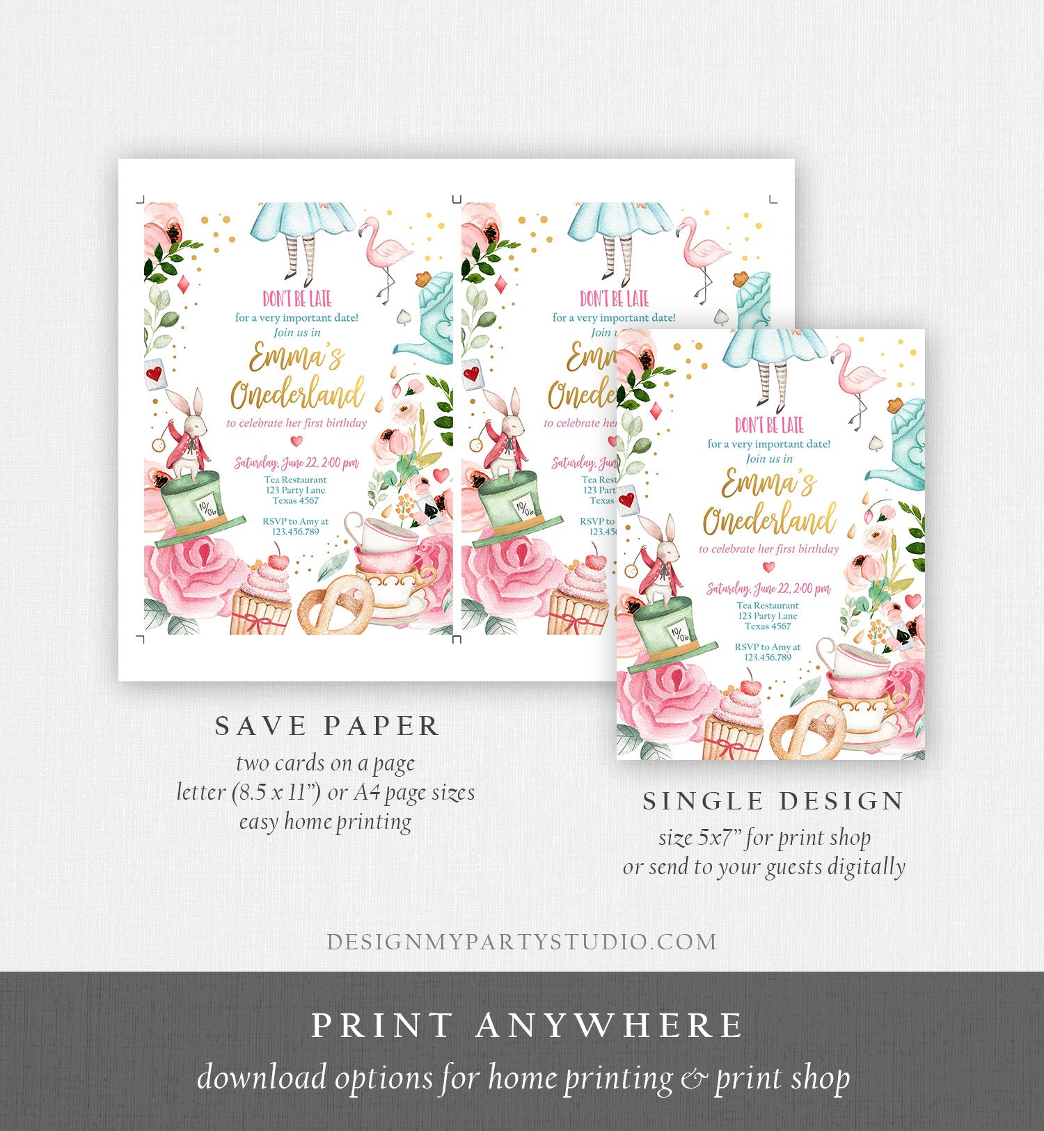 Elegant Alice in Wonderland invitations - 5x7 personalized printed or  printable.