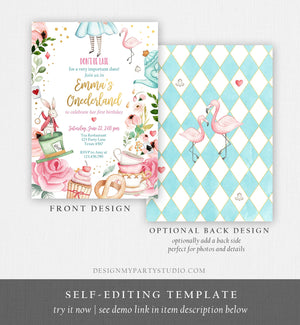 Editable Alice In Wonderland Birthday Invitation Girl First Birthday 1st Onederland Tea Party Pink Printable Template Corjl Digital 0350