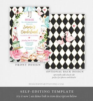 Editable Alice In Wonderland Birthday Invitation Girl First Birthday 1st Onederland Tea Party Pink Printable Template Corjl Digital 0350