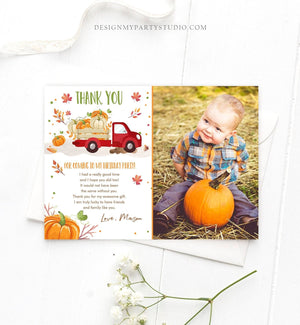 Editable Pumpkin Birthday Thank You Card Fall Pumpkin Truck Red Boy Birthday Party Red Green Orange Download Printable Template Corjl 0153