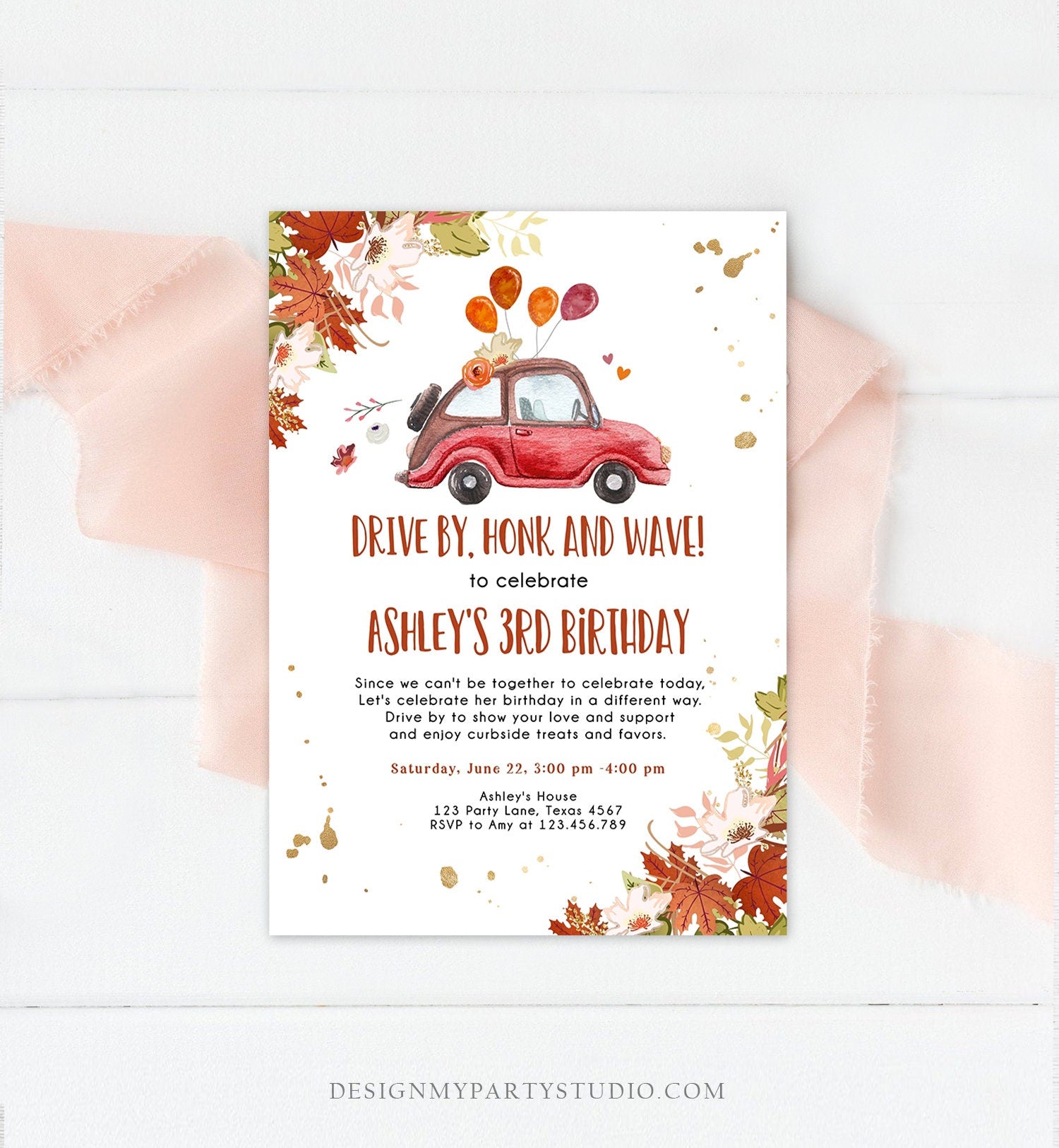 Editable Drive By Birthday Parade Invitation Fall Virtual Party Invite Honk Wave Car Girl Autumn Quarantine Drive Through Digital Corjl 0335