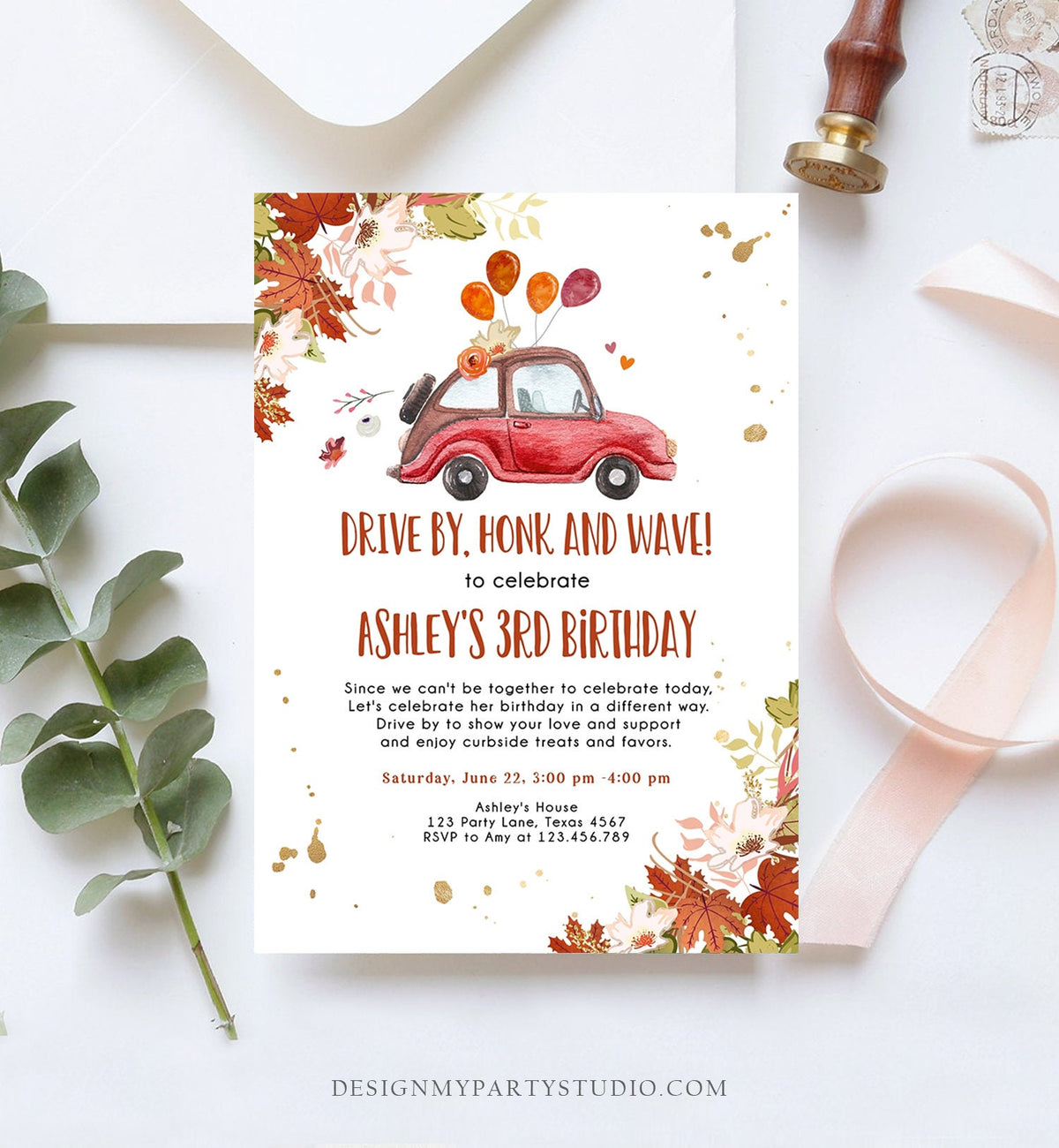 Editable Drive By Birthday Parade Invitation Fall Virtual Party Invite Honk Wave Car Girl Autumn Quarantine Drive Through Digital Corjl 0335