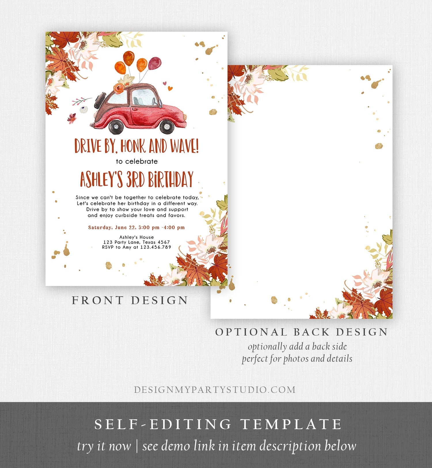 Editable Drive By Birthday Parade Invitation Fall Virtual Party Invite Honk Wave Car Girl Autumn Quarantine Drive Through Digital Corjl 0335