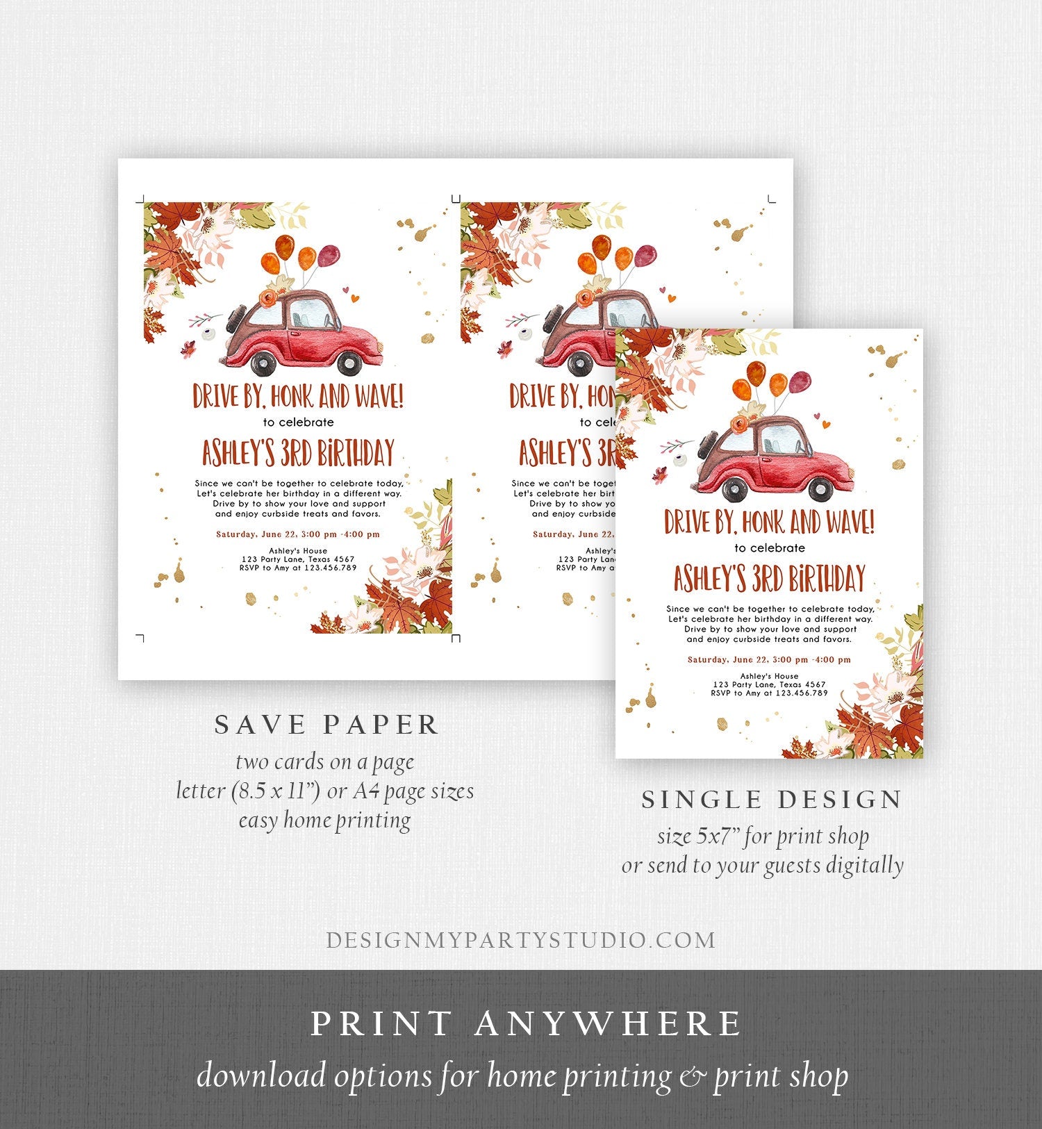 Editable Drive By Birthday Parade Invitation Fall Virtual Party Invite Honk Wave Car Girl Autumn Quarantine Drive Through Digital Corjl 0335