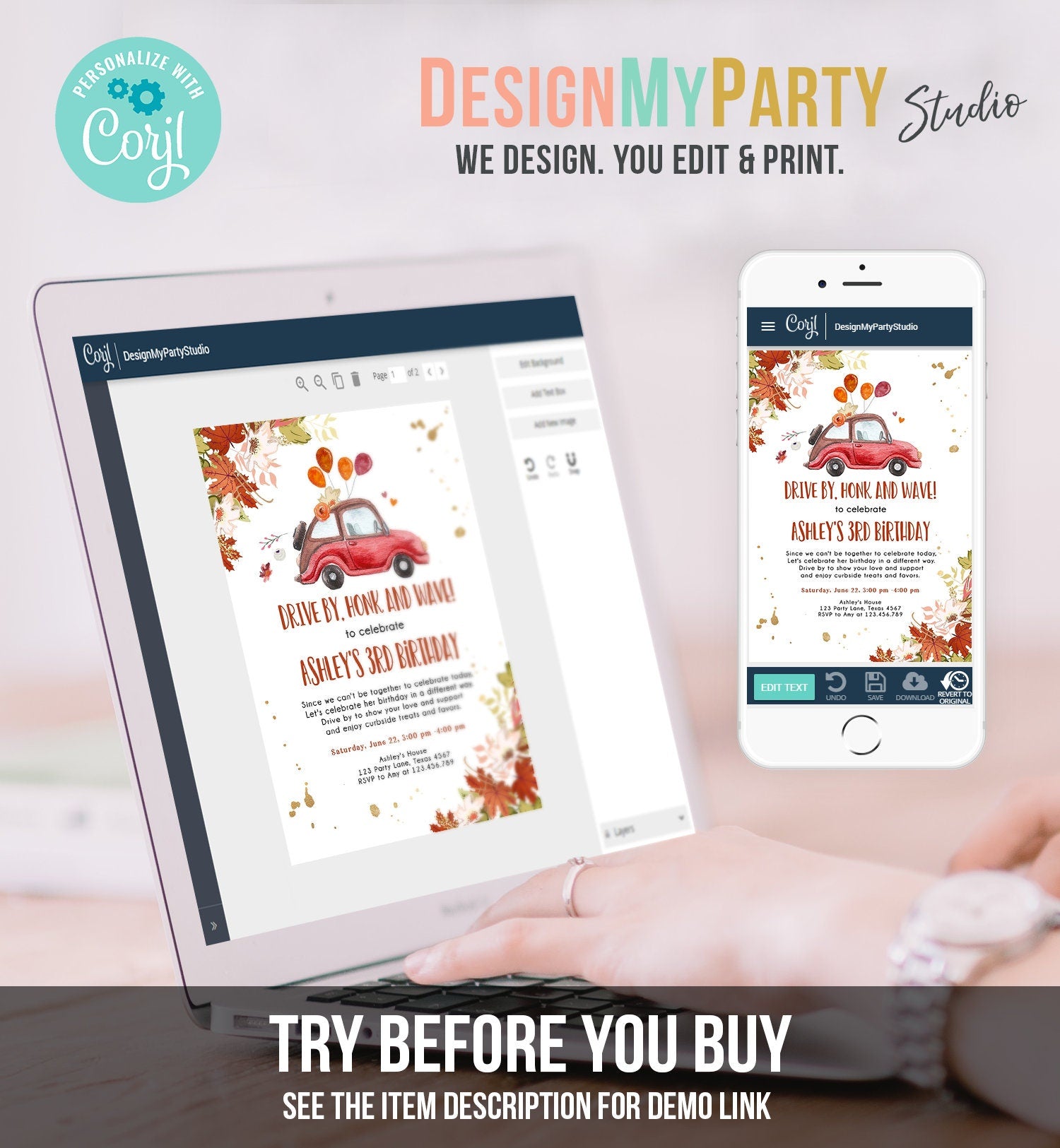 Editable Drive By Birthday Parade Invitation Fall Virtual Party Invite Honk Wave Car Girl Autumn Quarantine Drive Through Digital Corjl 0335