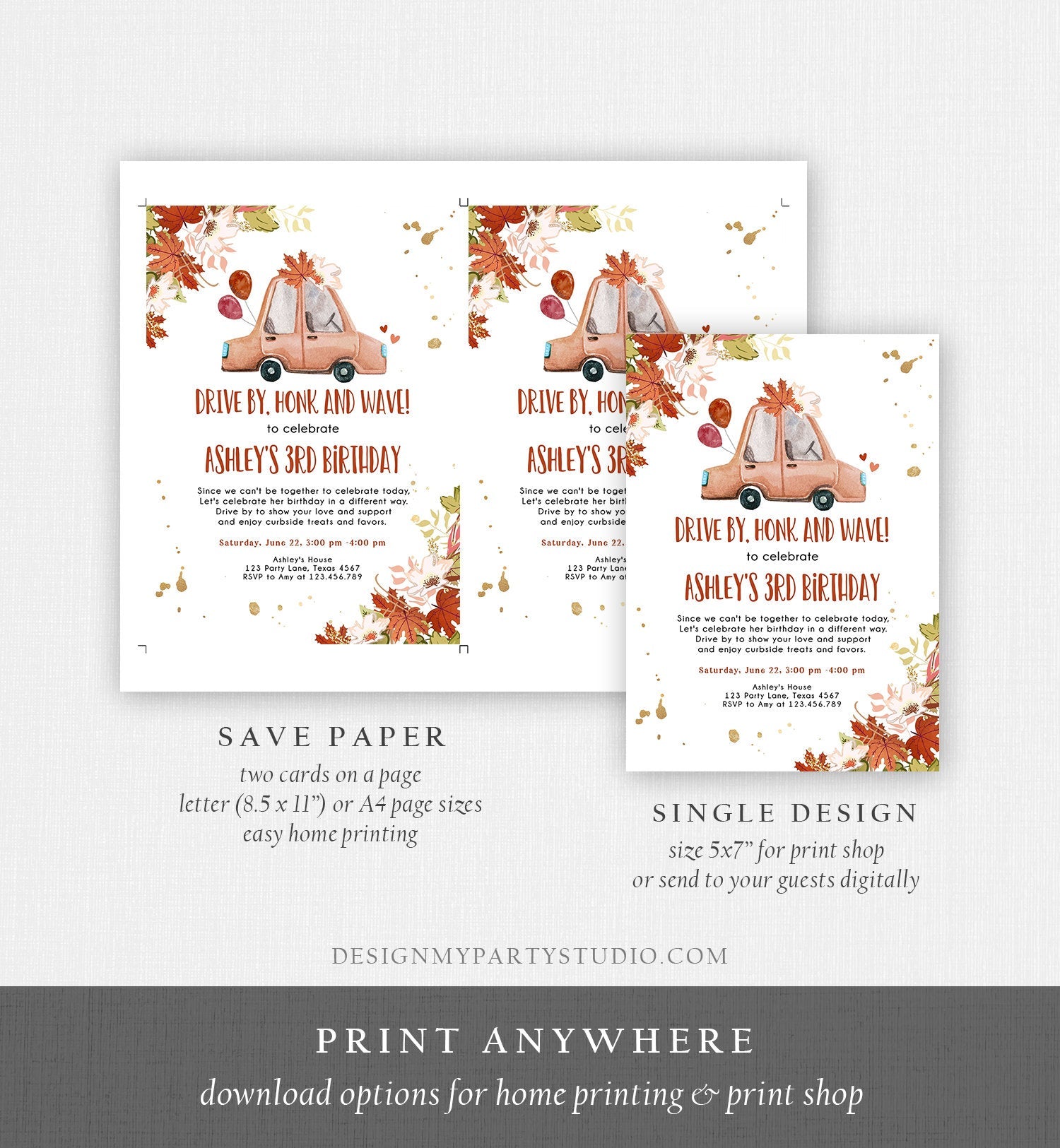 Editable Drive By Birthday Parade Invitation Fall Virtual Party Invite Honk Wave Car Girl Autumn Quarantine Drive Through Digital Corjl 0335