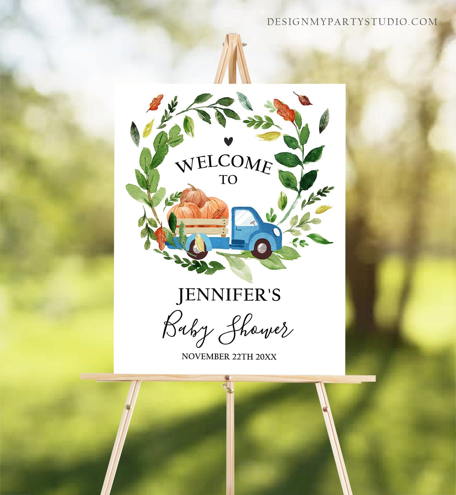 Editable Pumpkin Welcome Sign Pumpkin Truck Birthday Fall Baby Shower Fall Party Welcome 1st Birthday Boy Blue Template Corjl PRINTABLE 0153