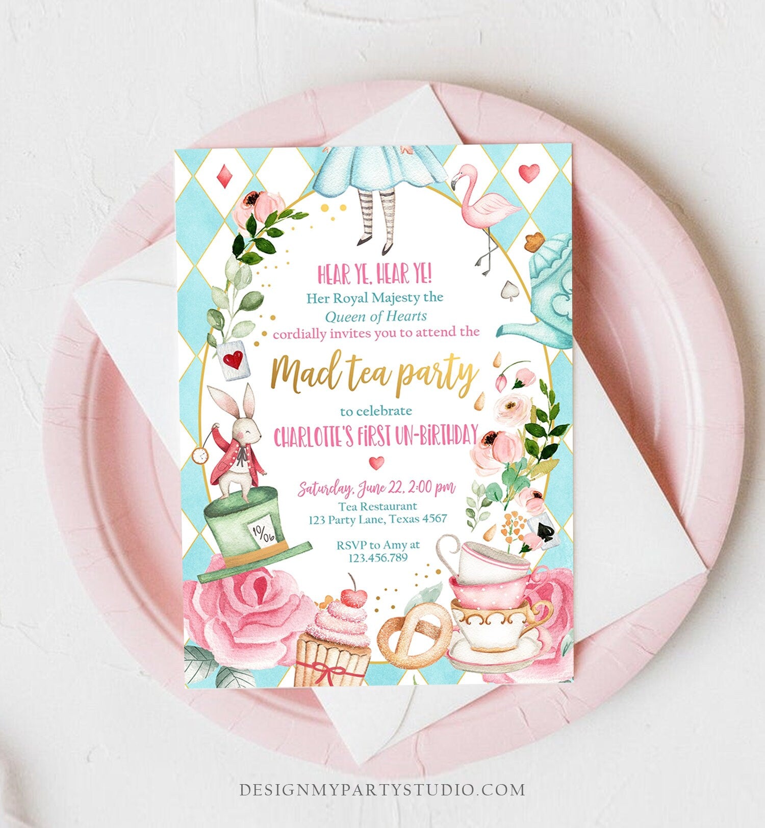 Editable Alice In Wonderland Birthday Invitation Girl First Birthday 1st Mad Tea Party Onederland Pink Printable Template Corjl Digital 0350