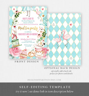 Editable Alice In Wonderland Birthday Invitation Girl First Birthday 1st Mad Tea Party Onederland Pink Printable Template Corjl Digital 0350