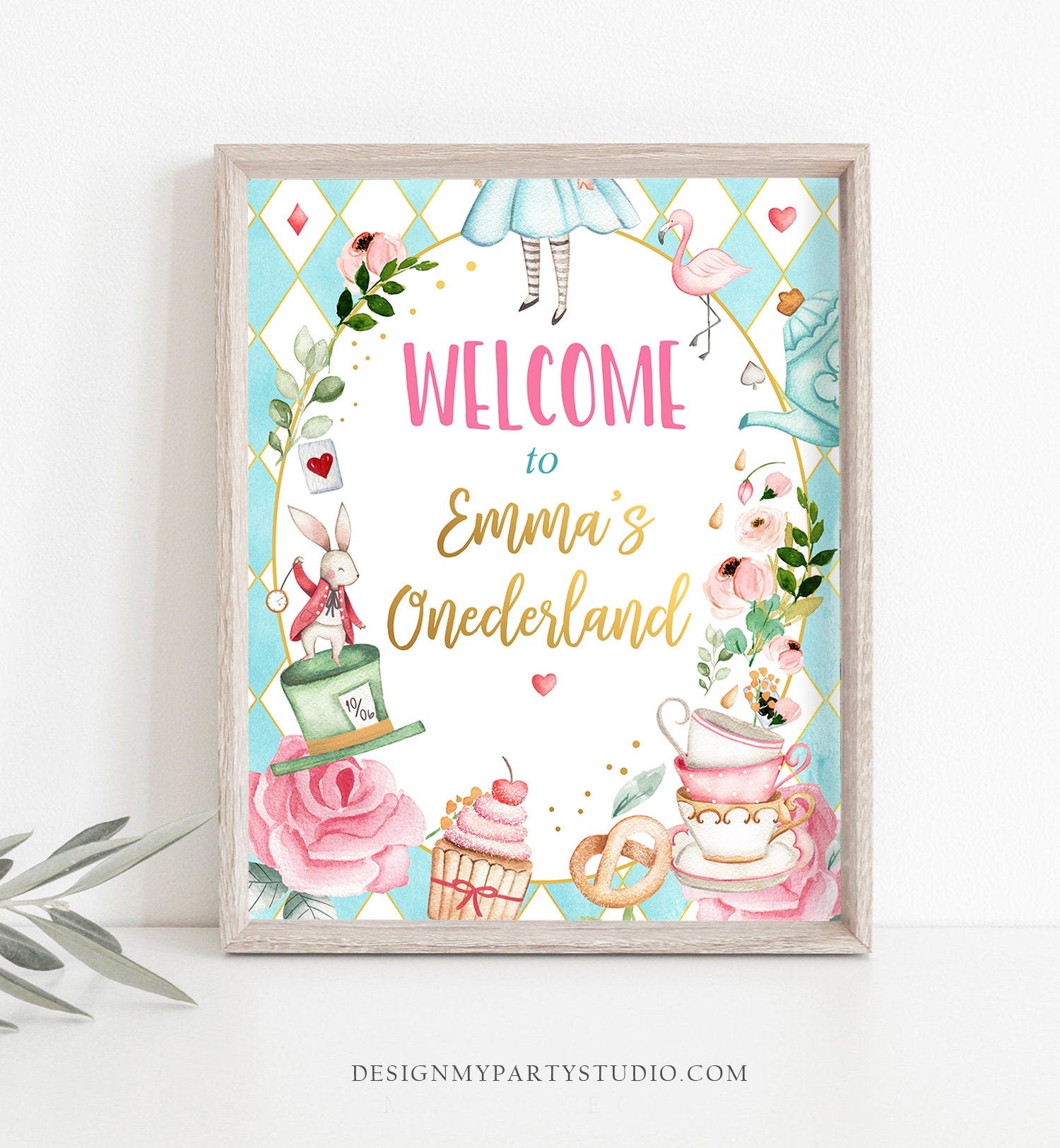 Editable Alice in Wonderland Welcome Sign Alice in Onederland Birthday Sign Girl Pink Mad Tea Party Shower Template Corjl PRINTABLE 0350