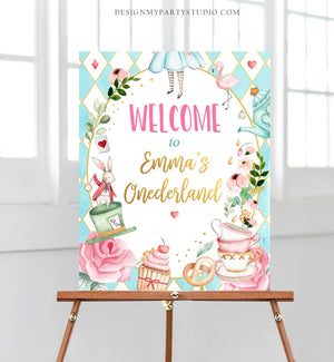 Editable Alice in Wonderland Welcome Sign Alice in Onederland Birthday Sign Girl Pink Mad Tea Party Shower Template Corjl PRINTABLE 0350